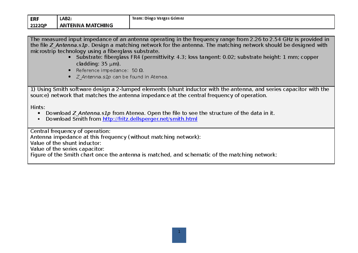 ERF LAB2 Antenna Matching Lumped Elements ERF 2122QP LAB2 ANTENNA
