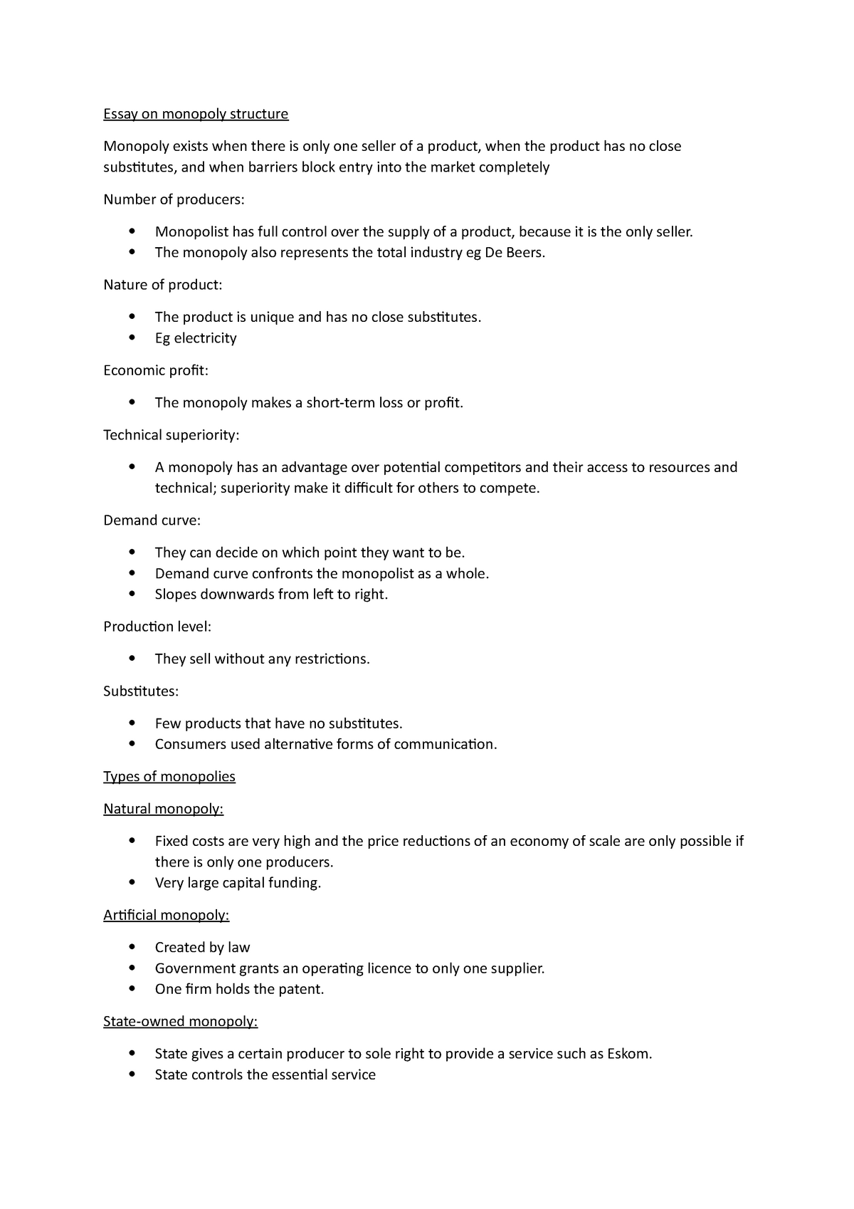 essay of monopoly grade 12