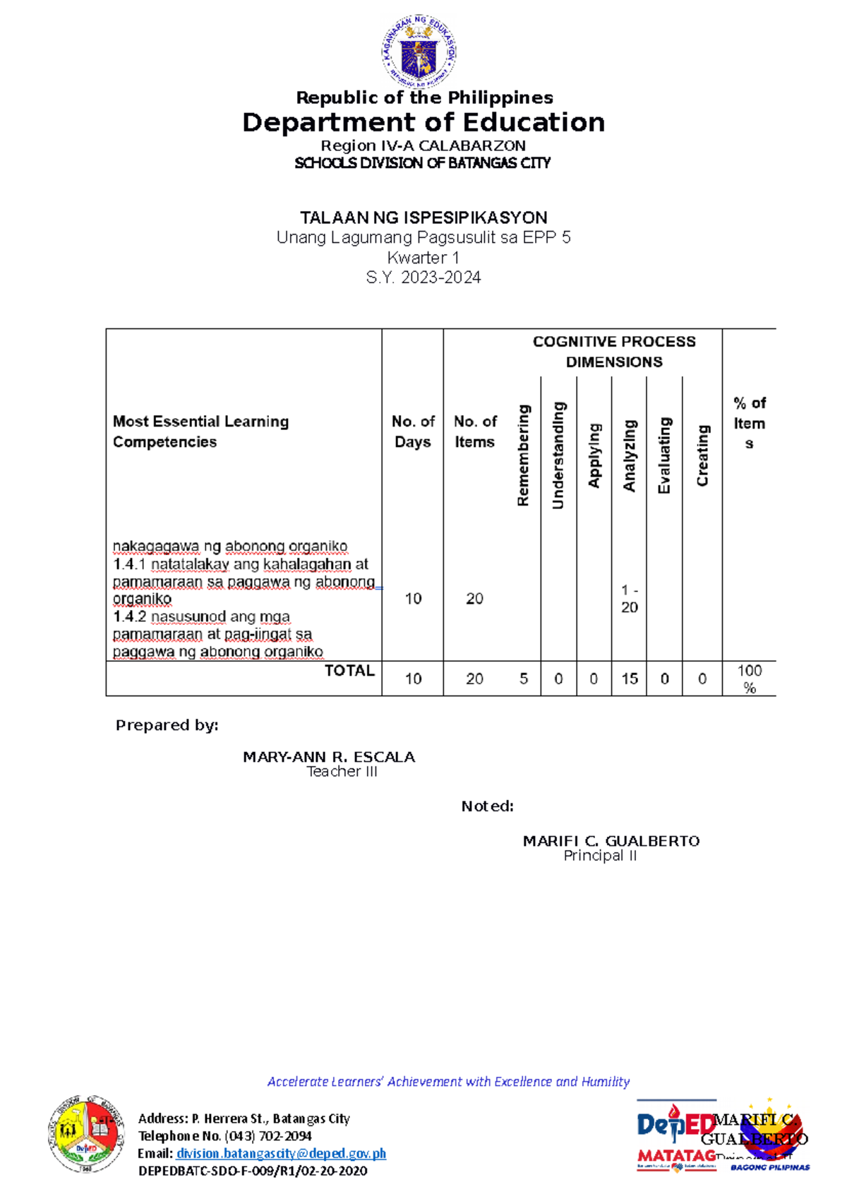 1st Summative Test EPP 5 Agriculture Department of Education Region