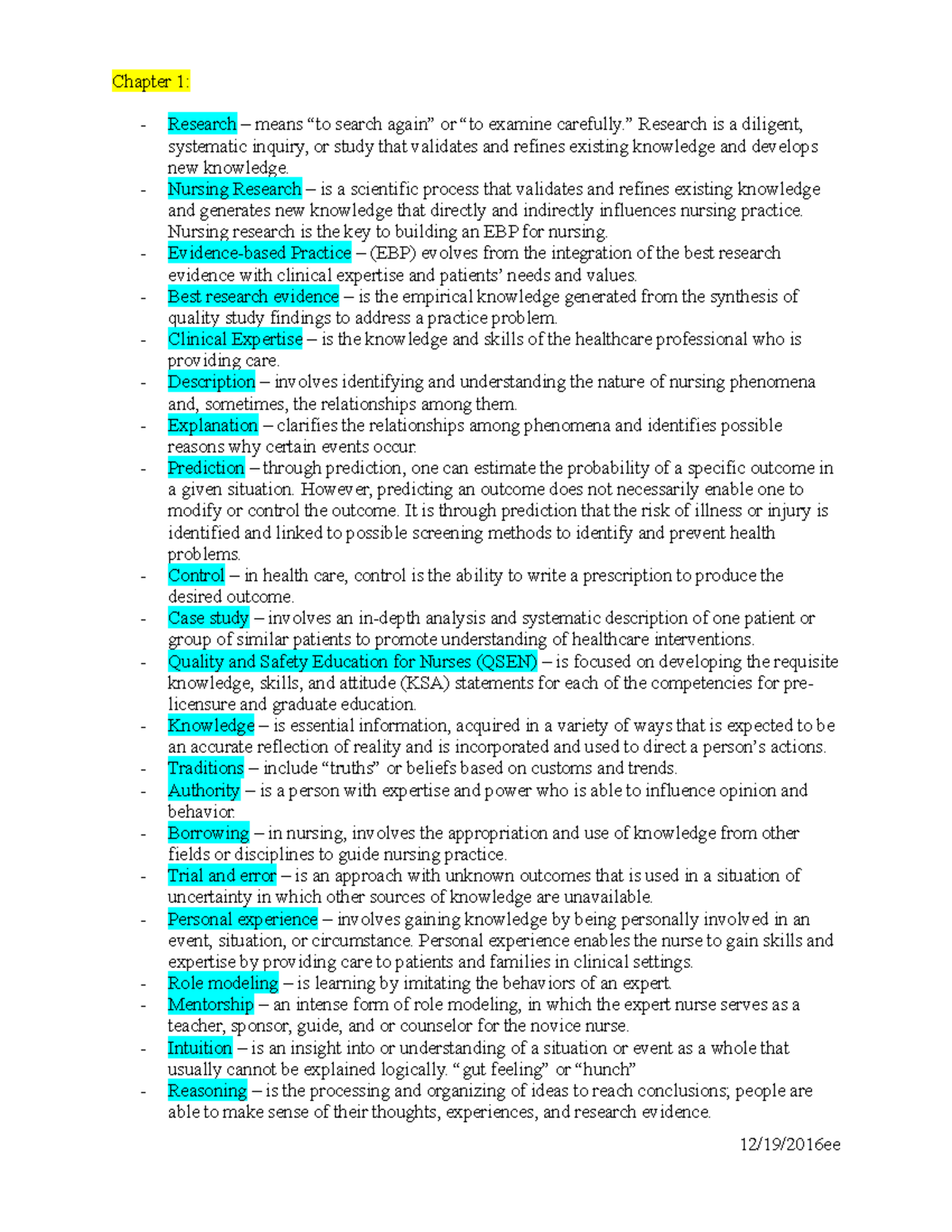 Exam 1 Review- Terms And Key Points - Chapter 1: - Research – Means “to ...