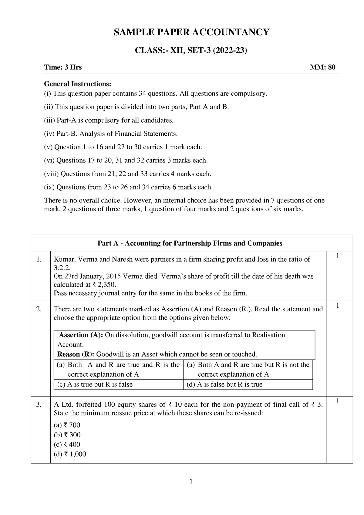 3. Sample Paper Accountancy 12, SET-3, 2022-23 - SAMPLE PAPER ...