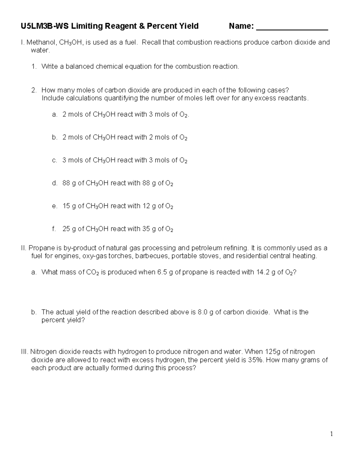 Limiting Reagent Percent Yeild Wkst - Limiting Reagent Percent Yield 