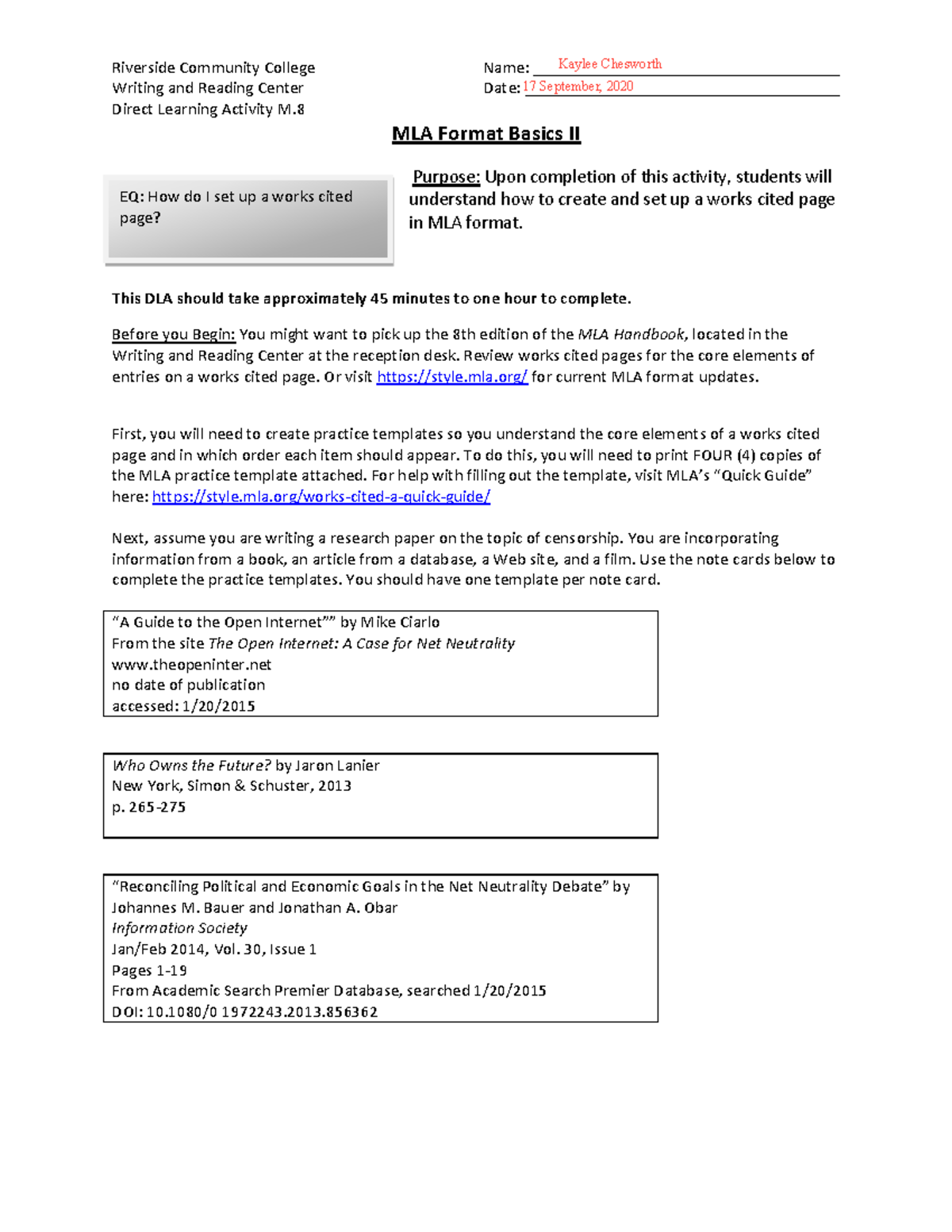 M 8 MLA Format Basics II Complete 1 - Riverside Community College Name ...