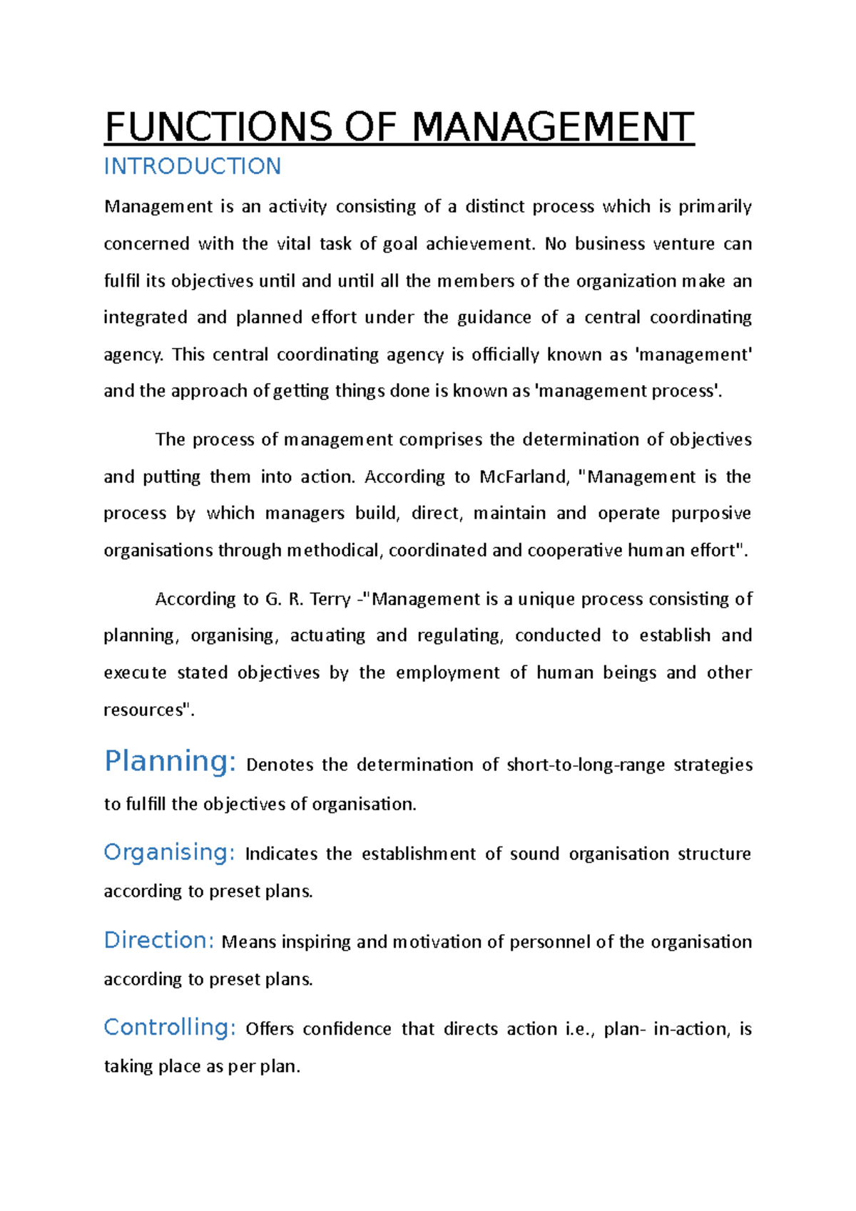 Explain 5 Basic Functions Of Management