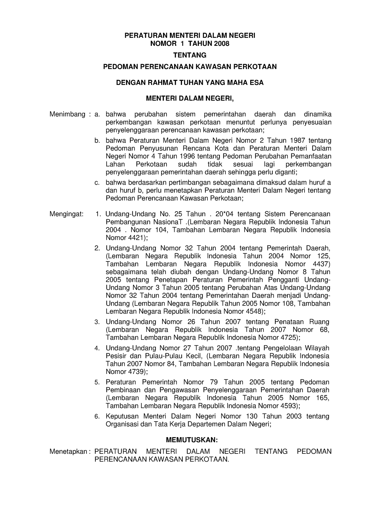 Permen No - PERATURAN MENTERI DALAM NEGERI NOMOR 1 TAHUN 2008 TENTANG ...