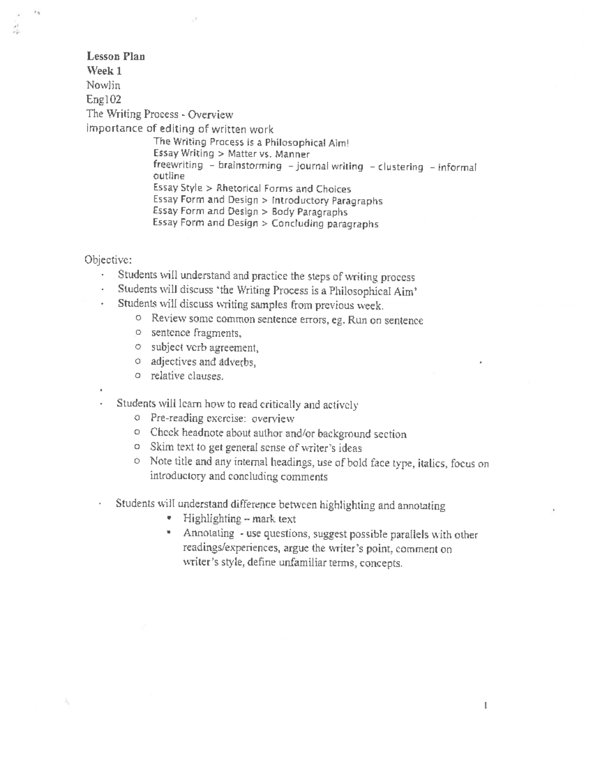 Lesson Plan week 1 Mon Writing Process Overview - ENG-101 - Studocu