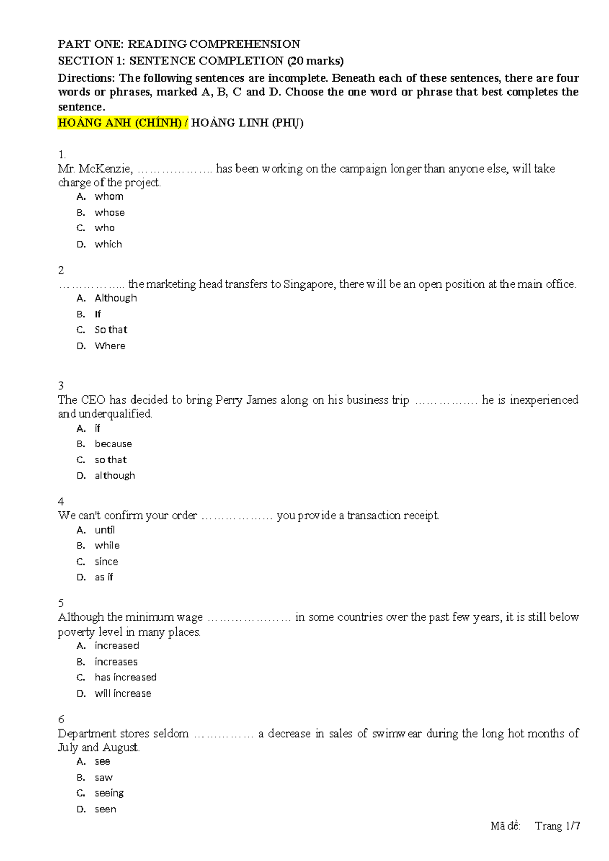De 2 Simulation Test April 2024 SV - PART ONE: READING COMPREHENSION ...