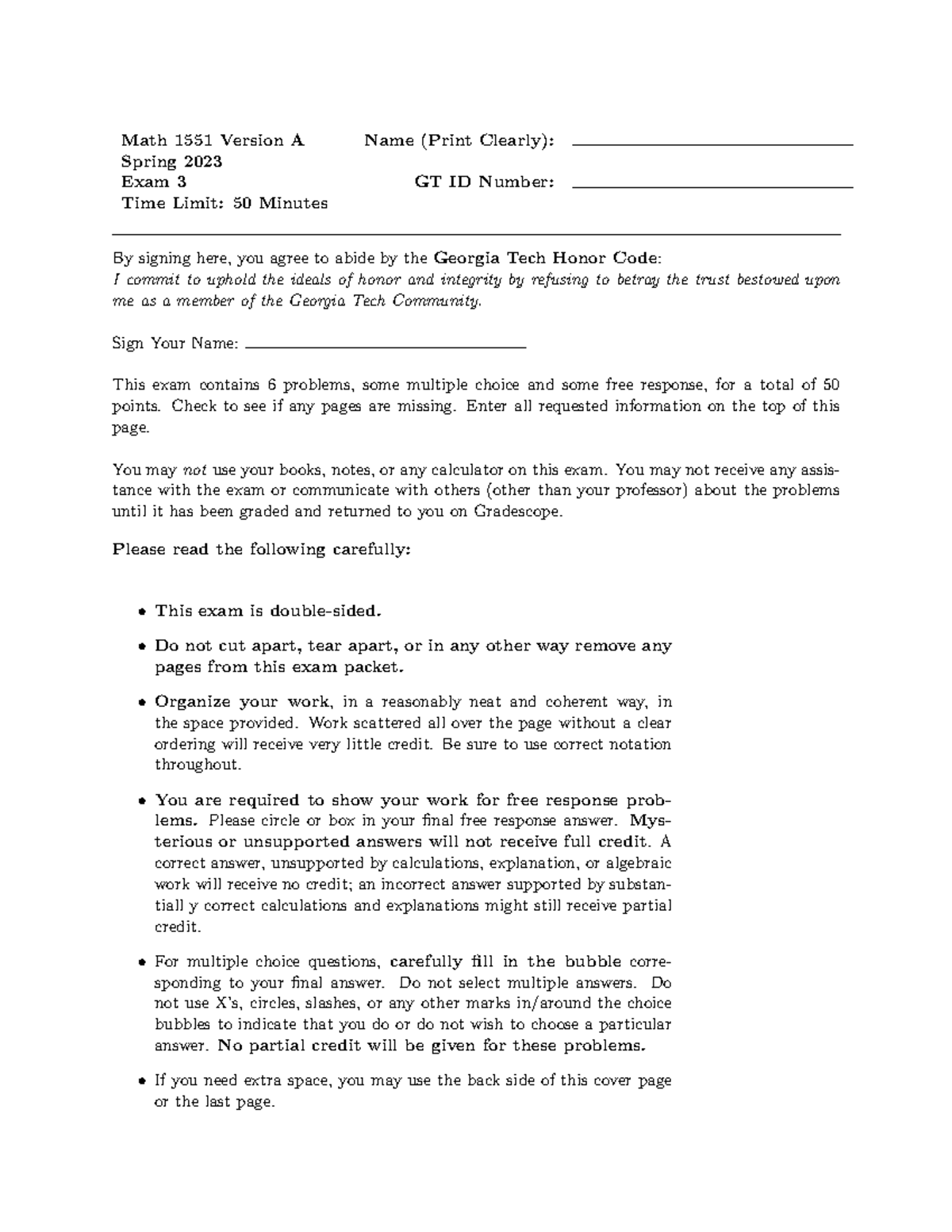1551 Exam 3 S23 - 1551 Practice Exam 3 - Math 1551 Version A Name ...
