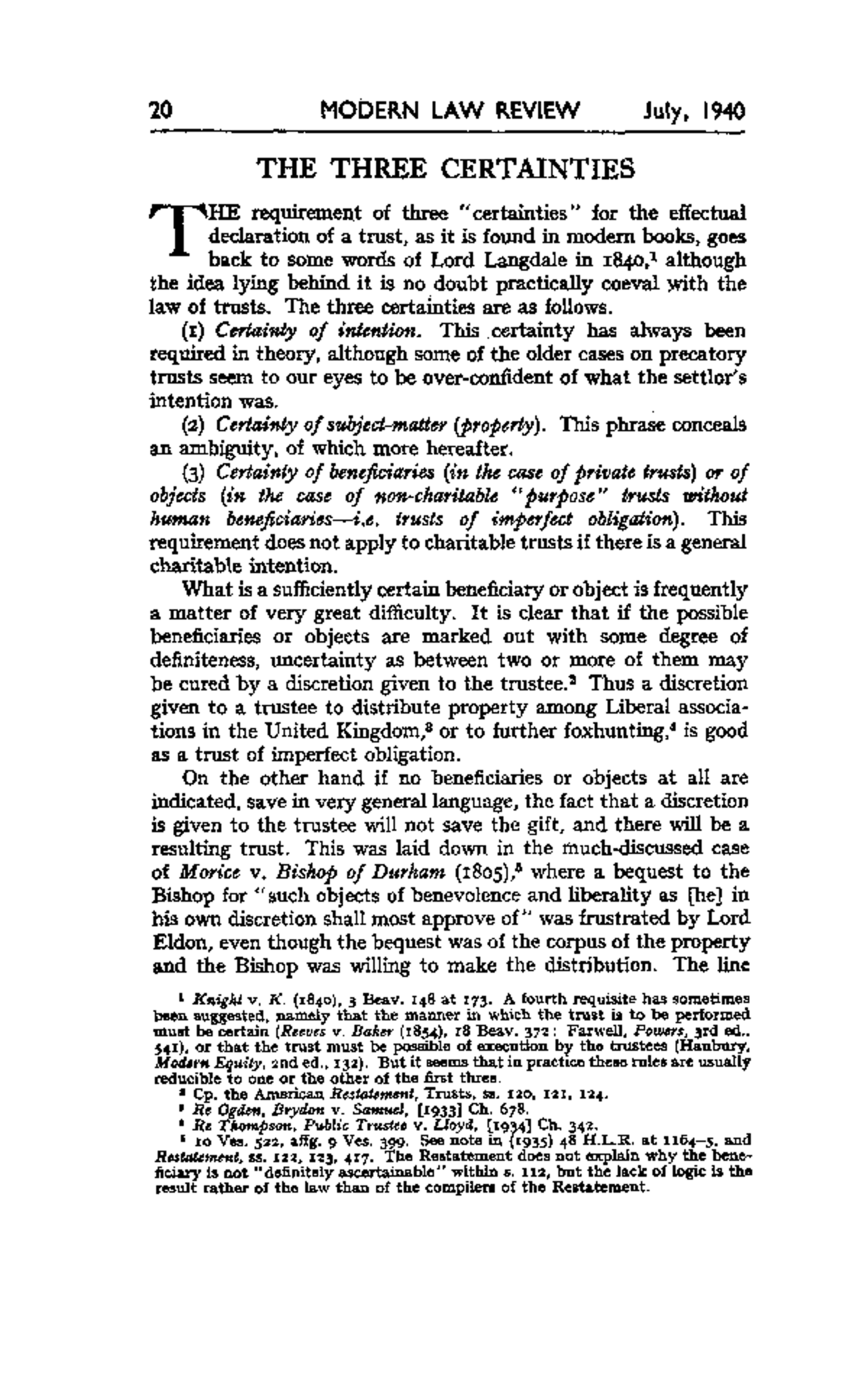 Trust the three certainties - 20 MODERN LAW REVIEW July, 1940 - Studocu