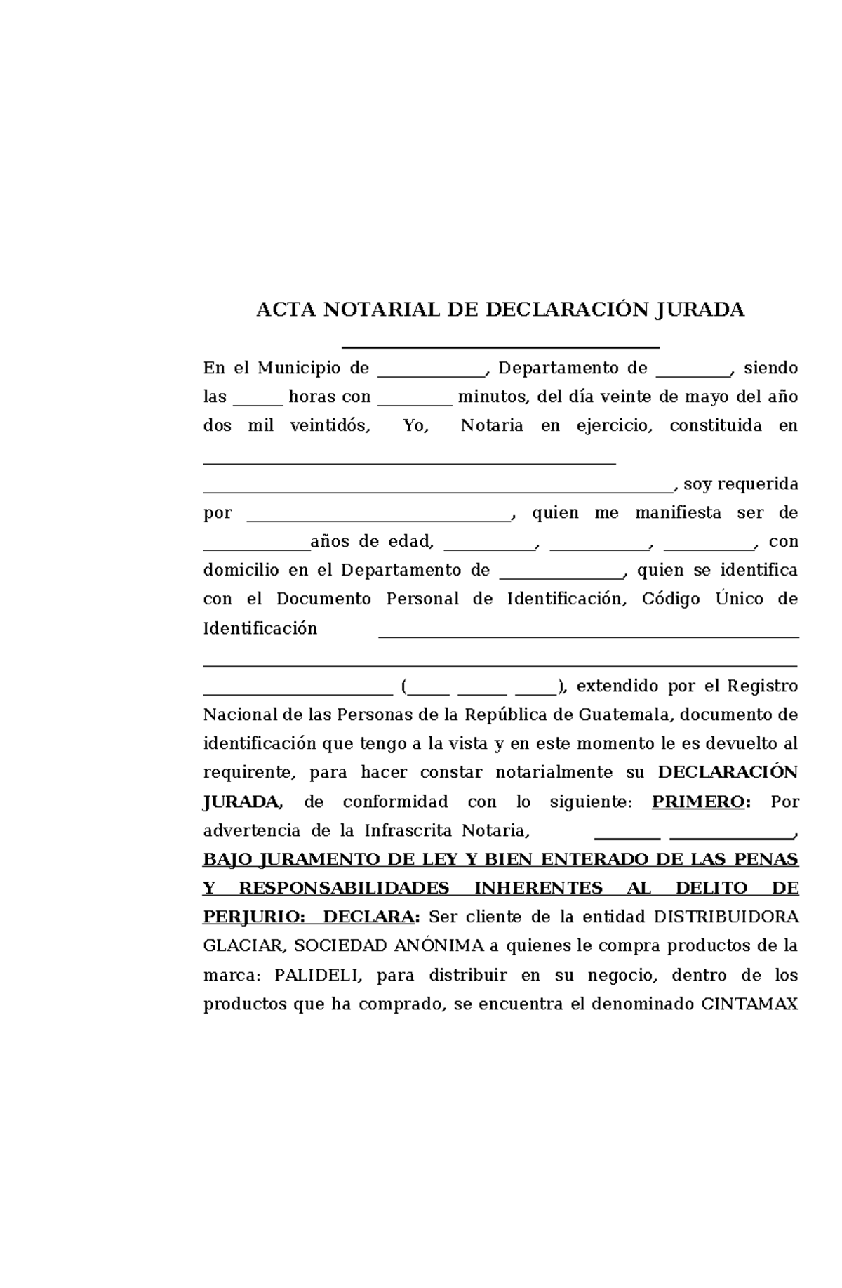 Formato de declaración Jurada - ACTA NOTARIAL DE DECLARACIÓN JURADA ...