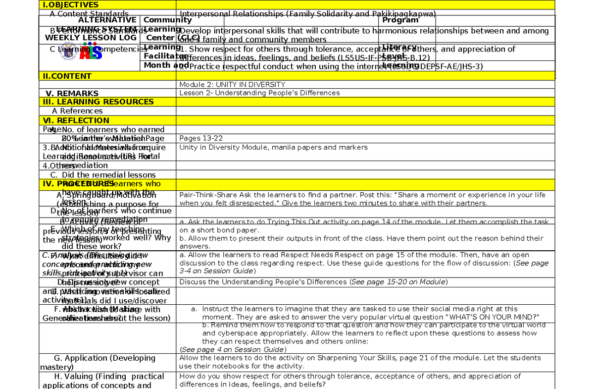 Alternative Learning System - ALTERNATIVE LEARNING SYSTEM WEEKLY LESSON ...