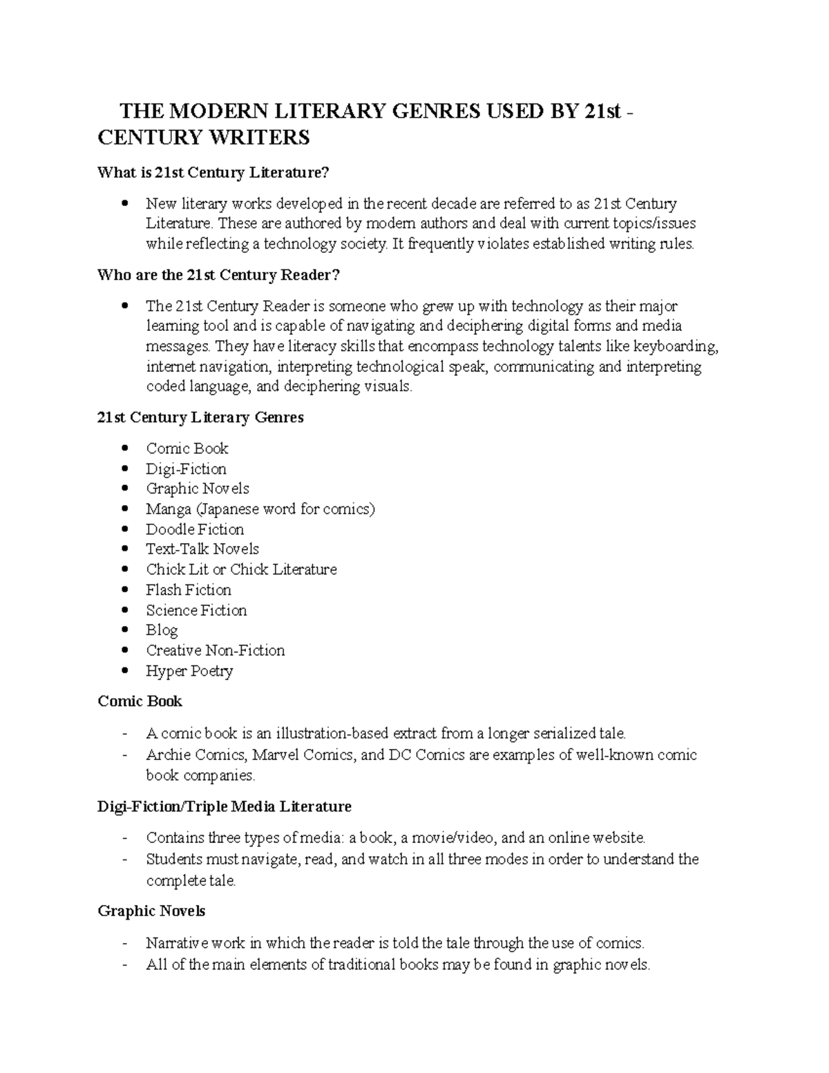 THE Modern Literary Genres USED BY 21st Century Writers THE MODERN 