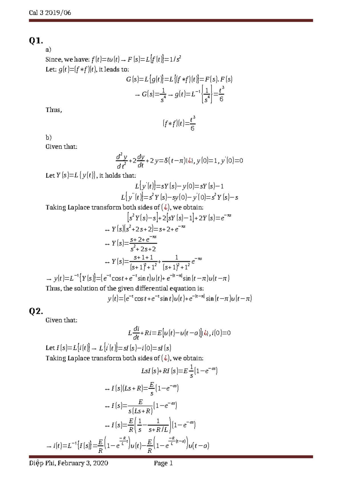 Cal 3 2019 06 - notes - Cal 3 2019/ Q1. a) Since, we have: f ( t ) =tu ...