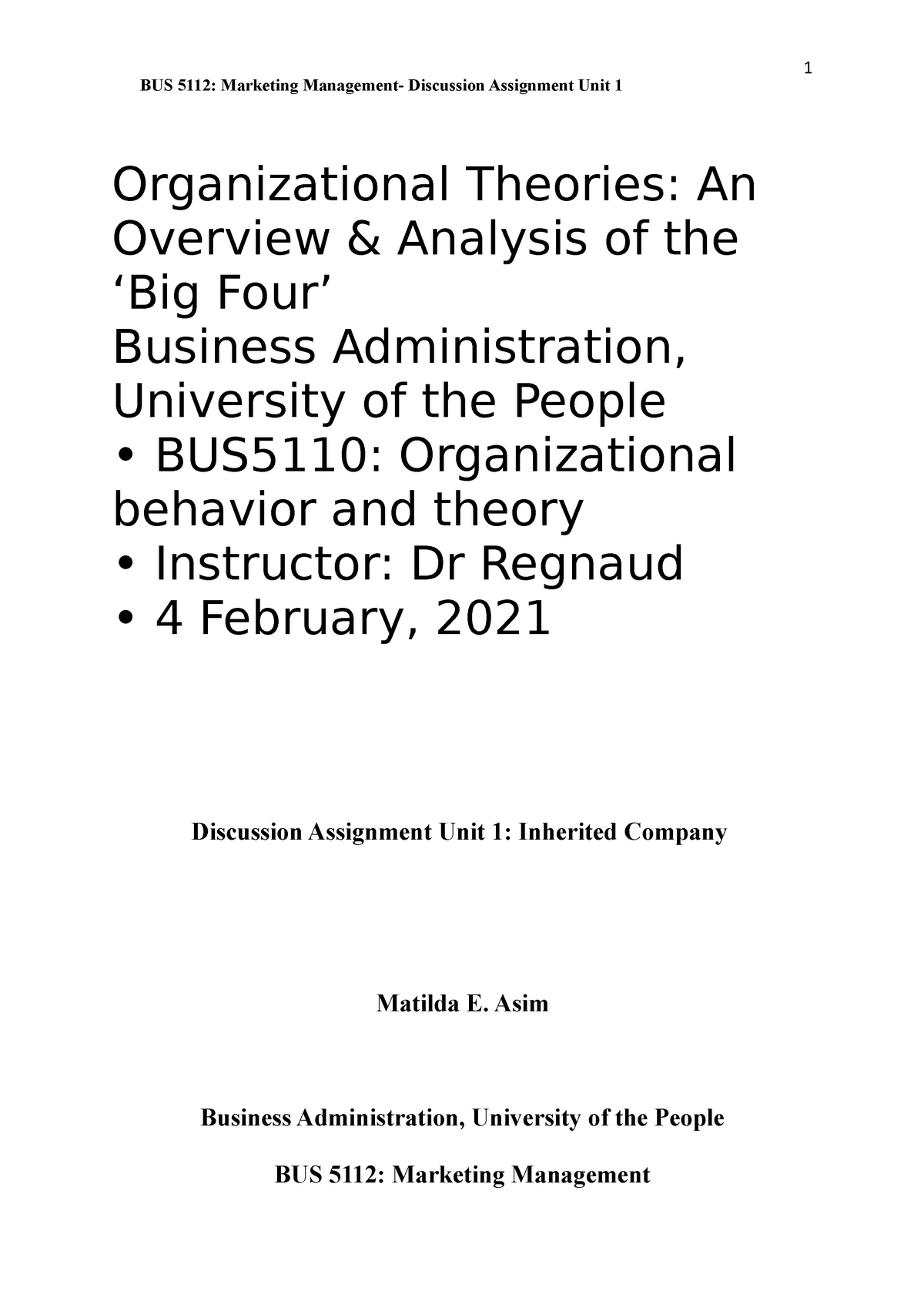 Marketing Management- Discussion Assignment Unit 1 - BUS 5112 ...