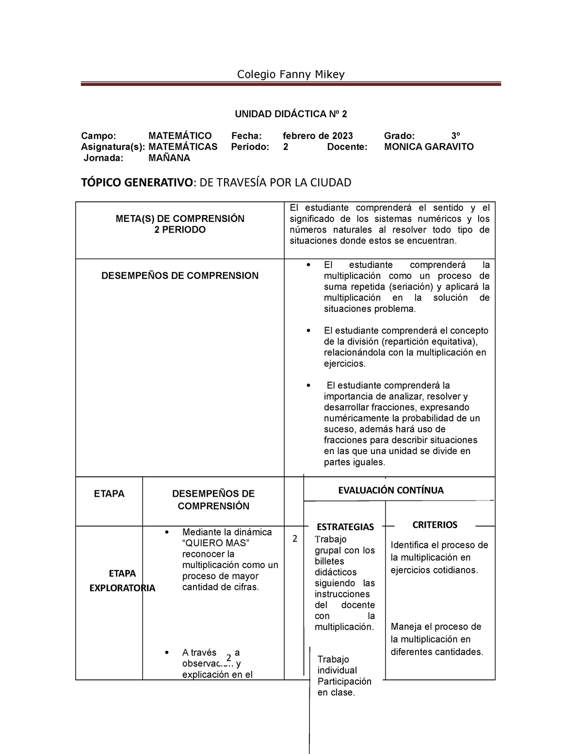 Unidad Didactica 2023 Grado 3 2DO Periodo Matematicas - Colegio Fanny ...