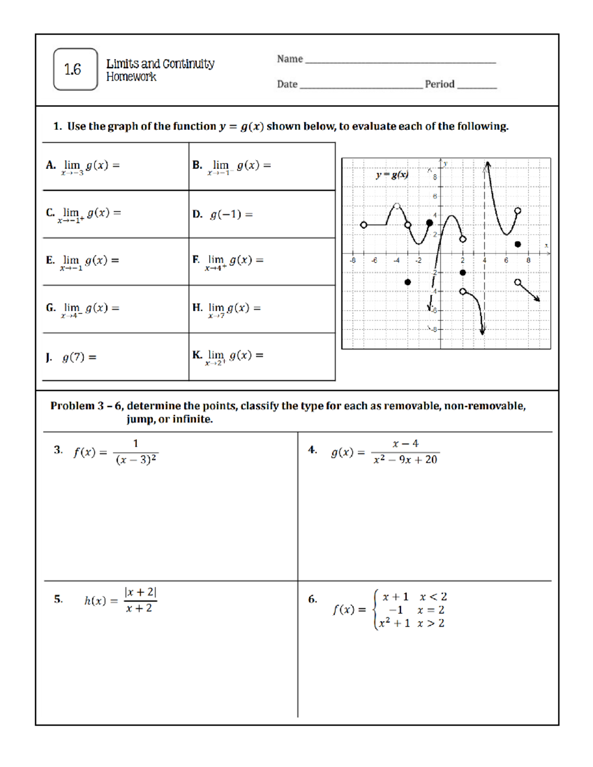 1.6 Limits and Continuity Homework Honors - ENG1230 - Studocu image.