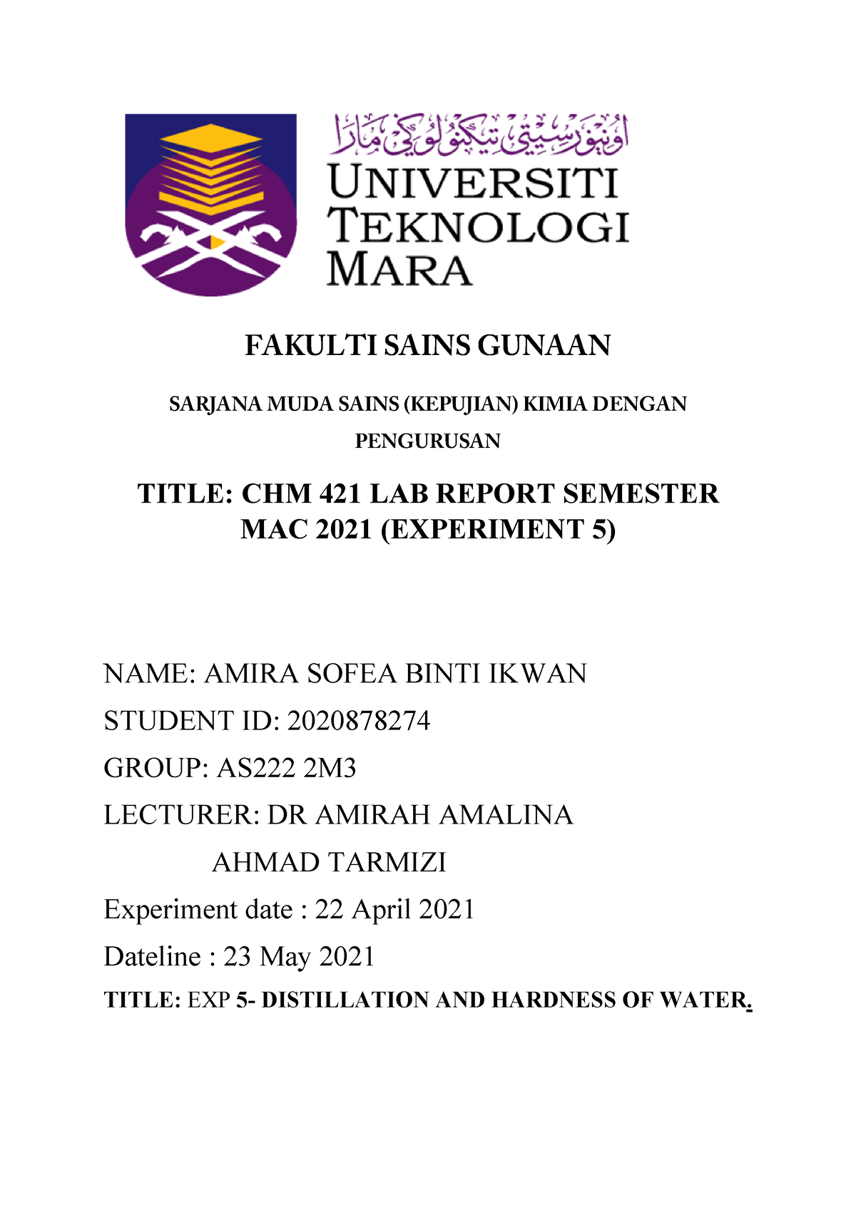 REPORT EXP 5 HARD WATER - FAKULTI SAINS GUNAAN SARJANA MUDA SAINS ...