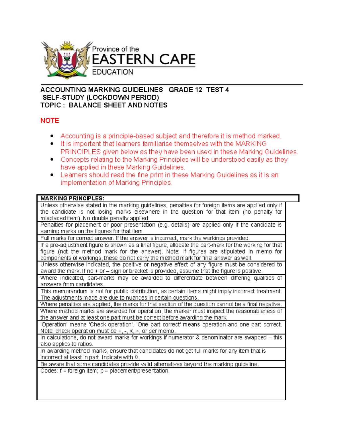 Accounting Grade 12 marking guideline test 4 1 ACCOUNTING MARKING GUIDELINES GRADE 12 TEST 4