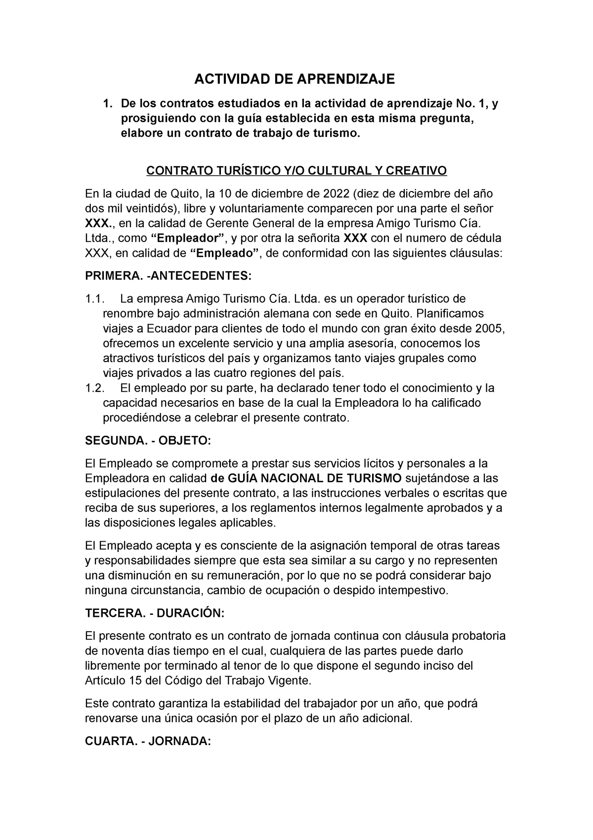 Contrato De Trabajo Turistico Ejemplo Actividad De Aprendizaje De Los