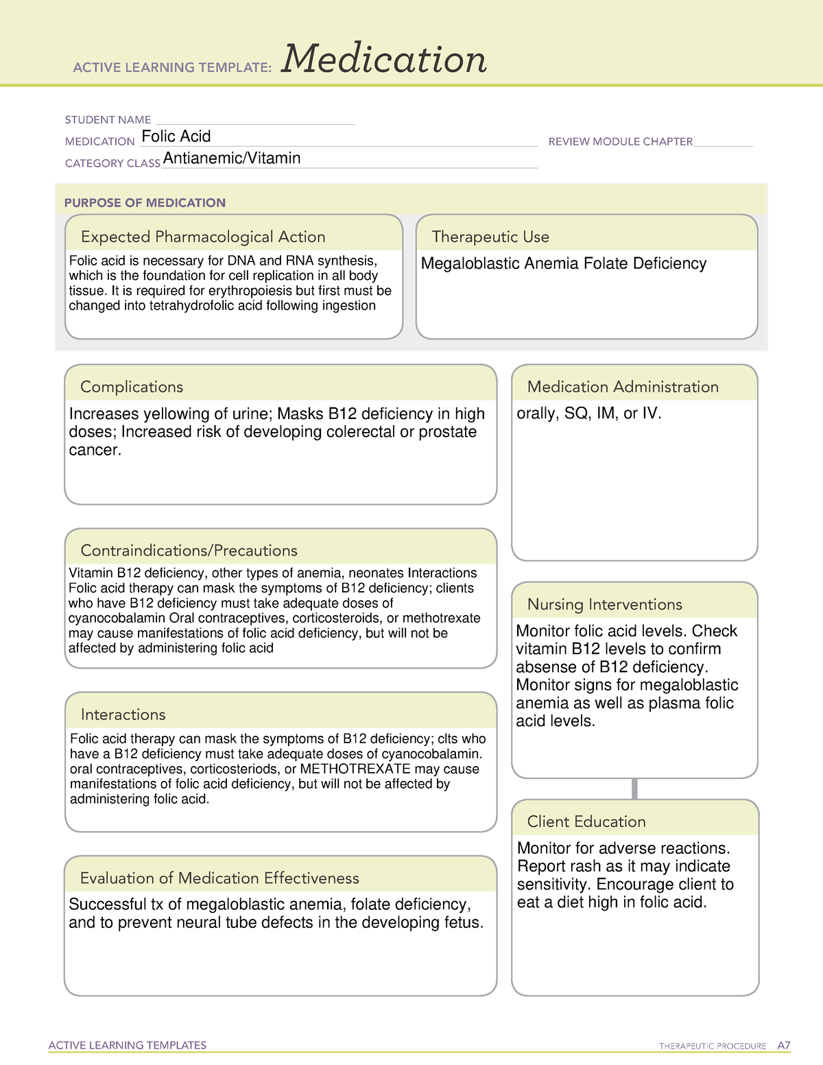 ATI Medication Template Folic Acid ACTIVE LEARNING TEMPLATES