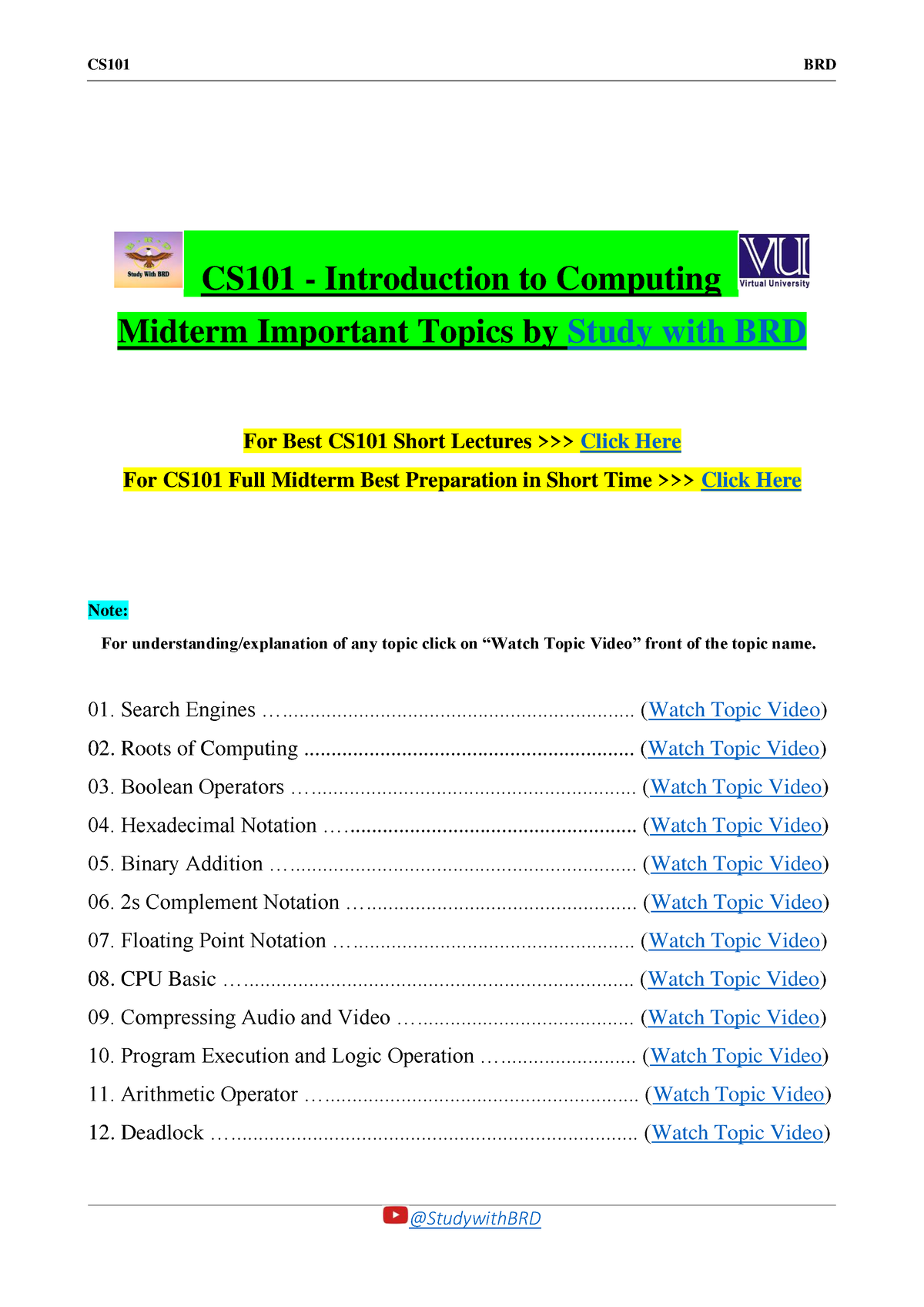 CS101 Important Topics For Midterm - CS101 BRD @StudywithBRD CS101 ...