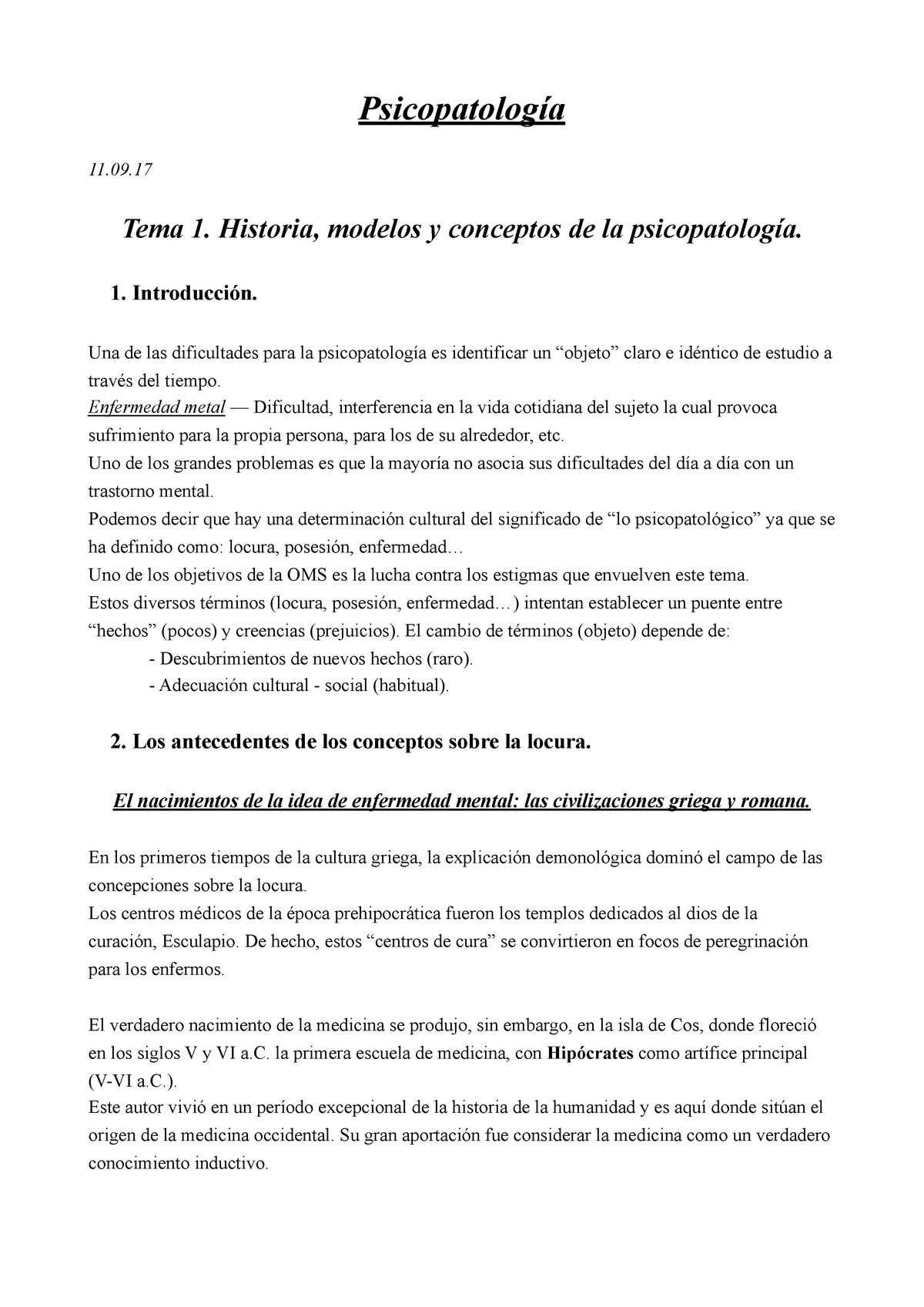 Apuntes Psicopatología. - Psicopatología 11. Tema 1. Historia, Modelos ...