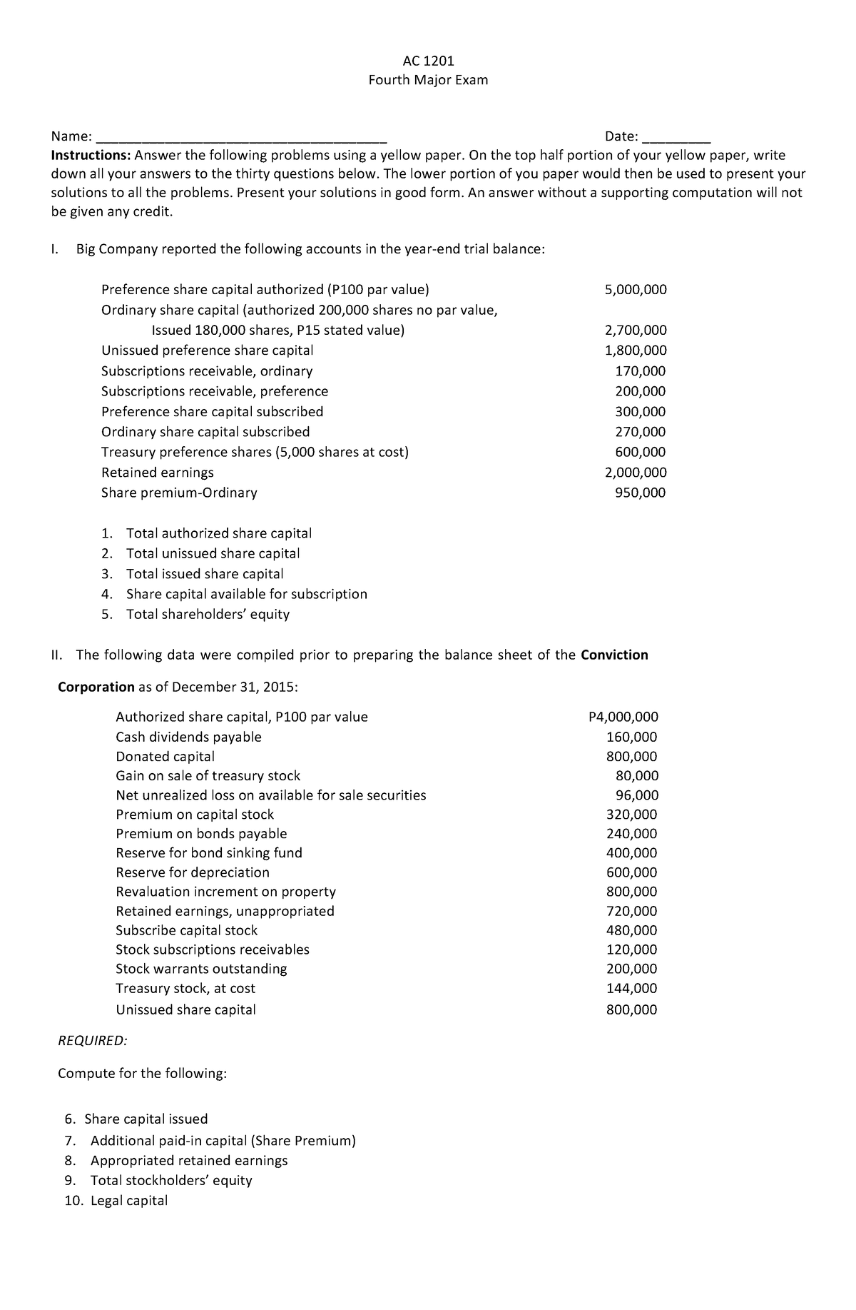 AC 1201 4th exam 2023 - AC 1201 Fourth Major Exam Name