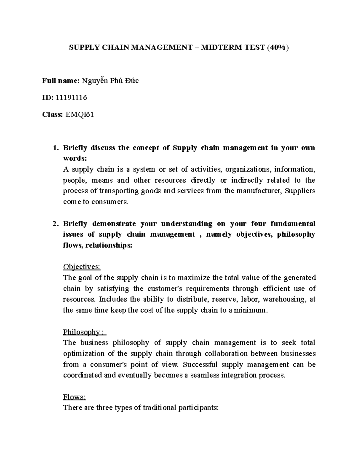 Nguyen Phu Duc-11191116-SCM Midterm Test - SUPPLY CHAIN MANAGEMENT ...