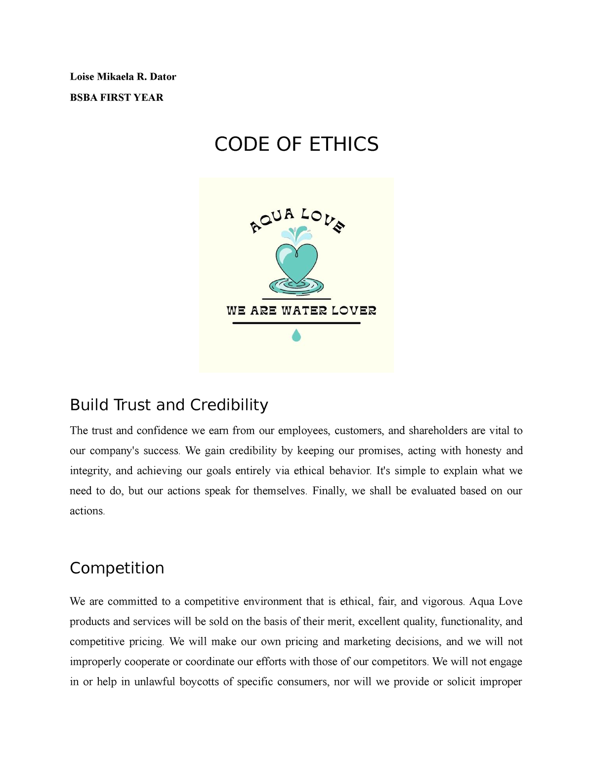 Code of ethics in aqua love business ethics - management science - Studocu