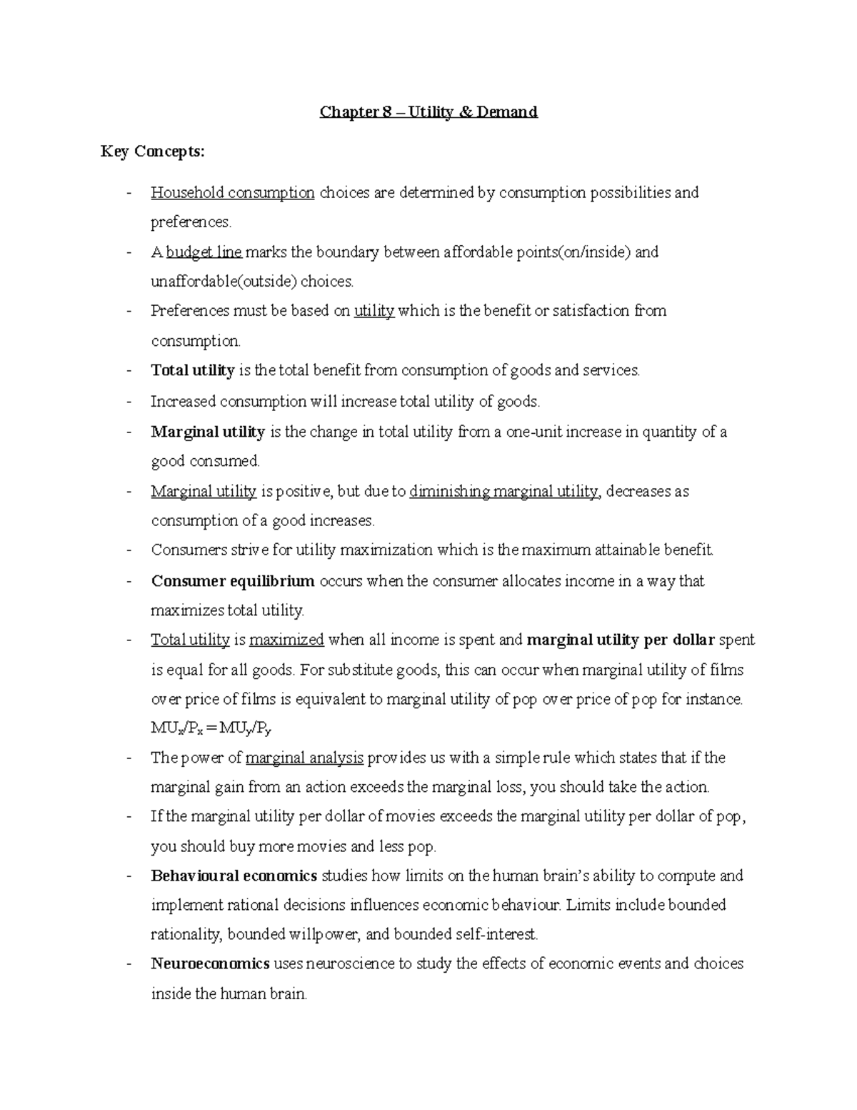 ECON 1000 Notes - Chapter 8 - Chapter 8 – Utility & Demand Key Concepts ...