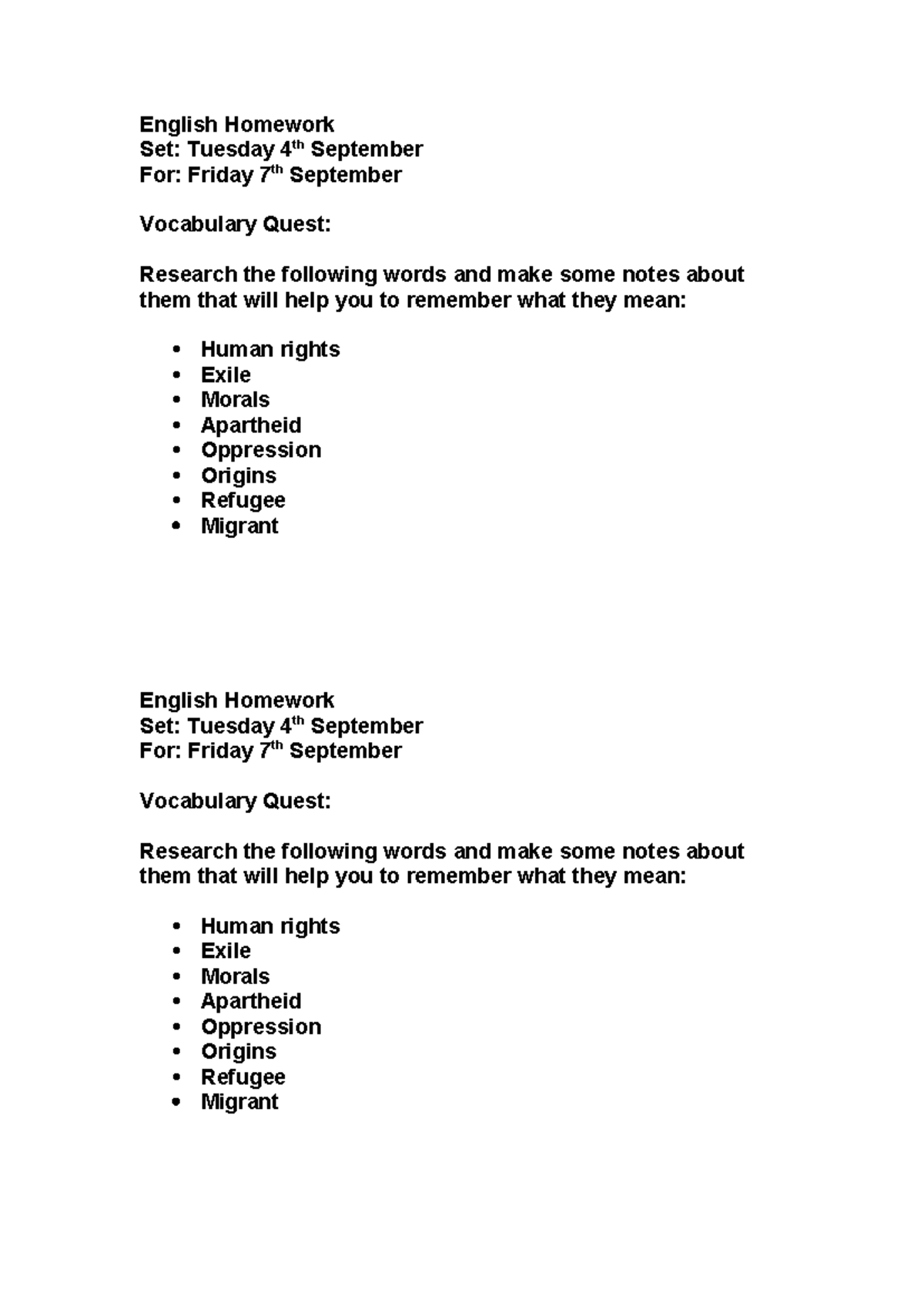 English Homework - English Homework Set: Tuesday 4th September For ...