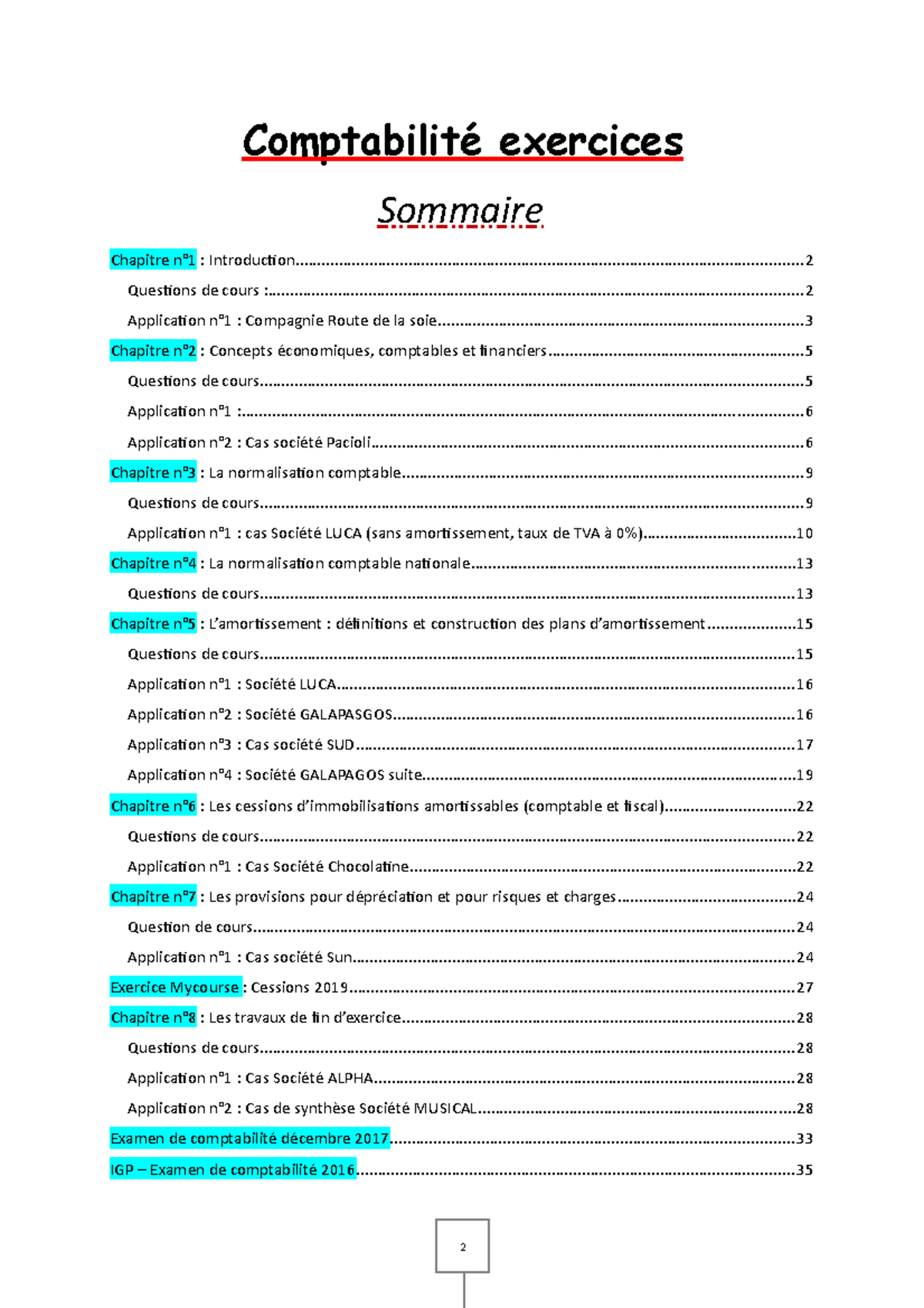 Comptabilité-exercices - Comptabilité Exercices Chapitre N°1 : - Studocu