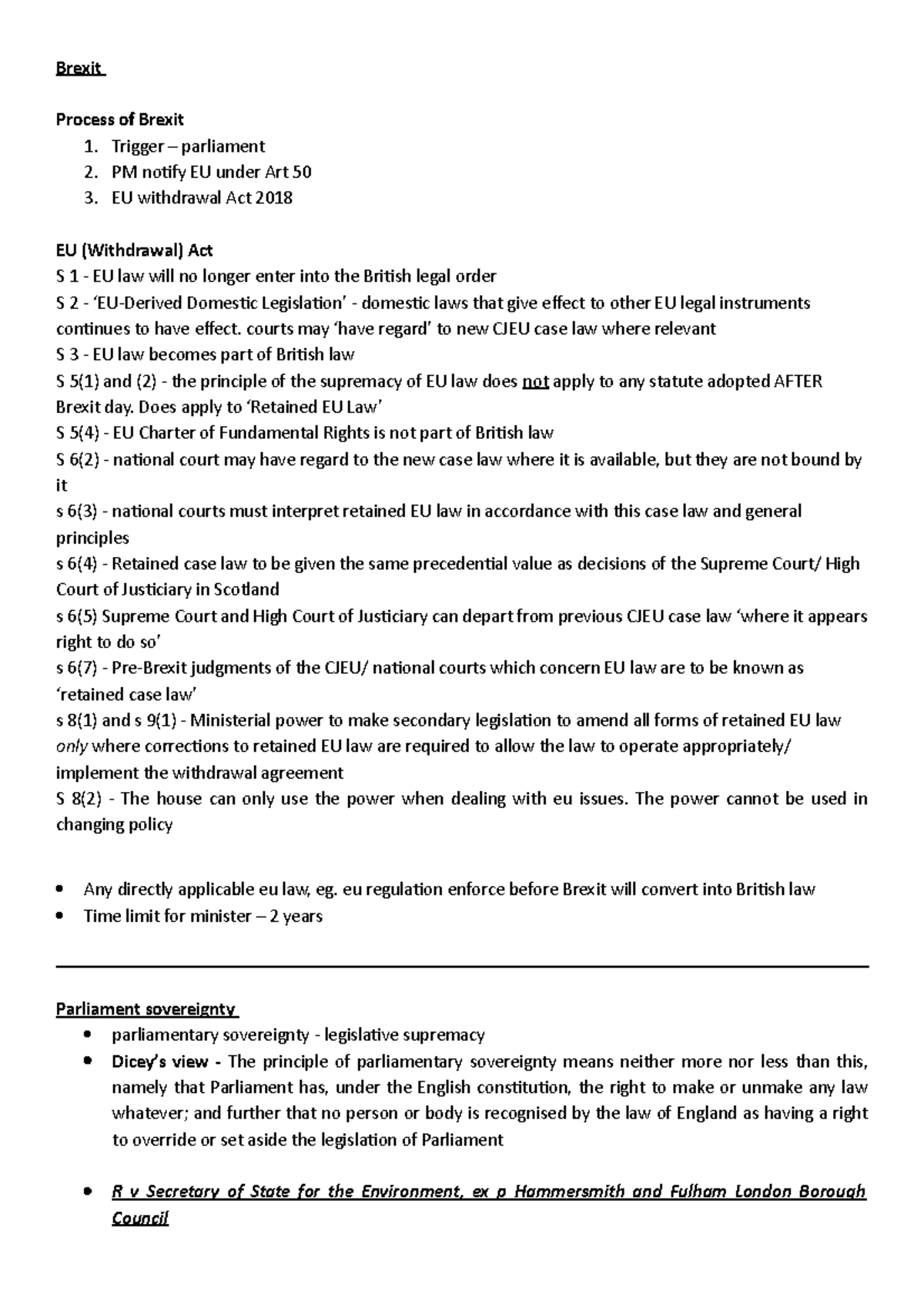 EU Lecture notes - Brexit Process of Brexit 1. Trigger – parliament 2 ...