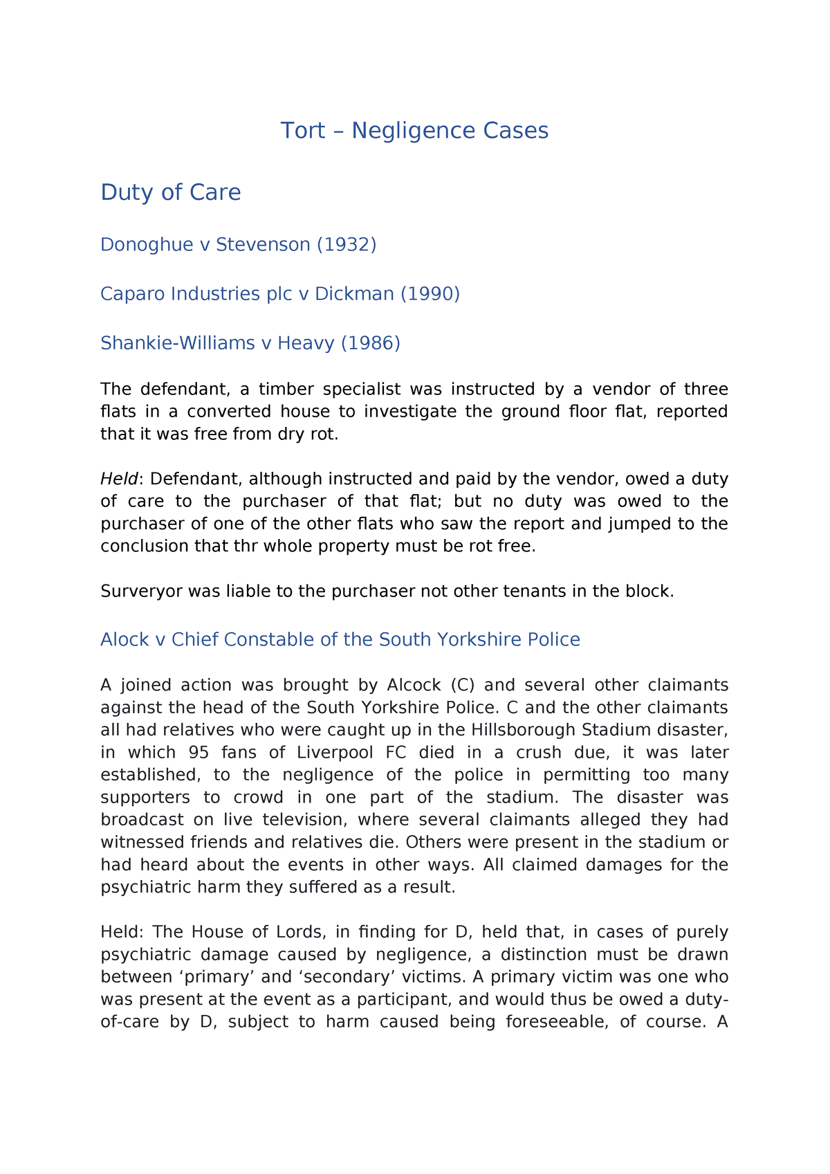 Cases - Tort – Negligence Cases Duty Of Care Donoghue V Stevenson (1932 ...