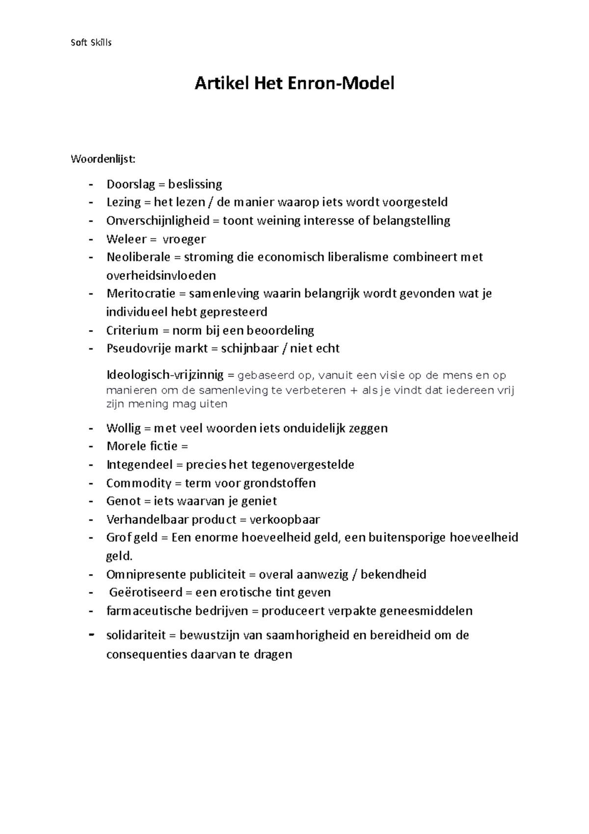 Woordenlijst exams - Soft Skills Artikel Het Enron-Model Woordenlijst ...