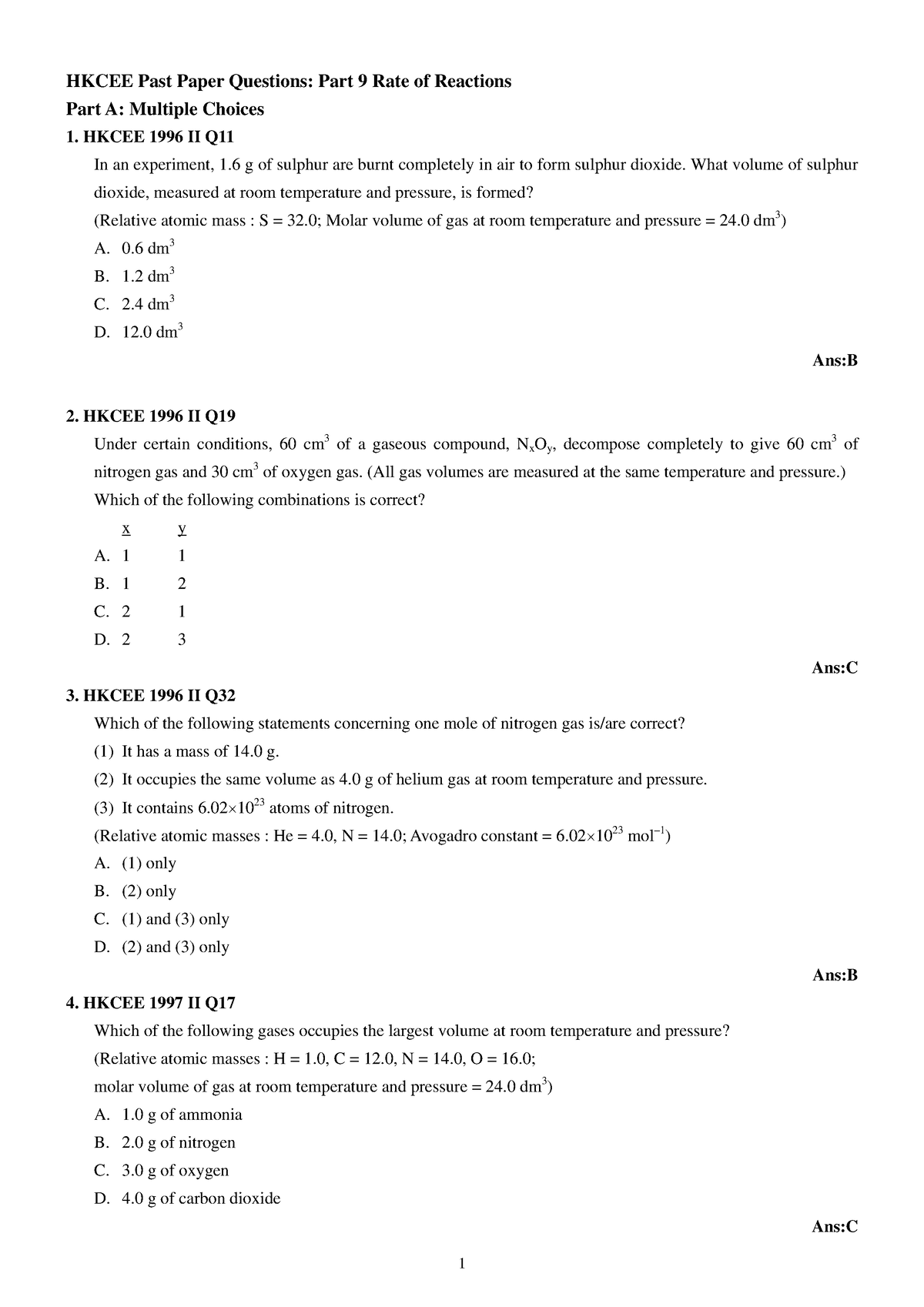 NSS Chemistry Part 9 Rate of Reactions - HKCEE Past Paper Questions ...