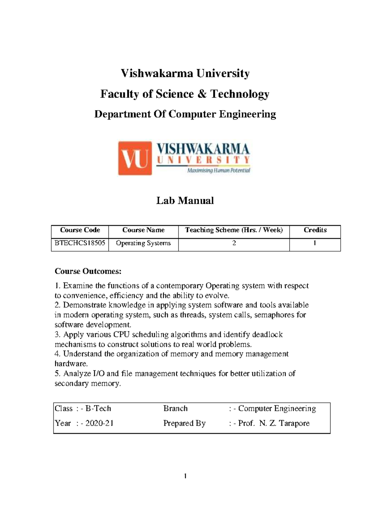 Lab Manual Operating Systems Vishwakarma University Faculty of