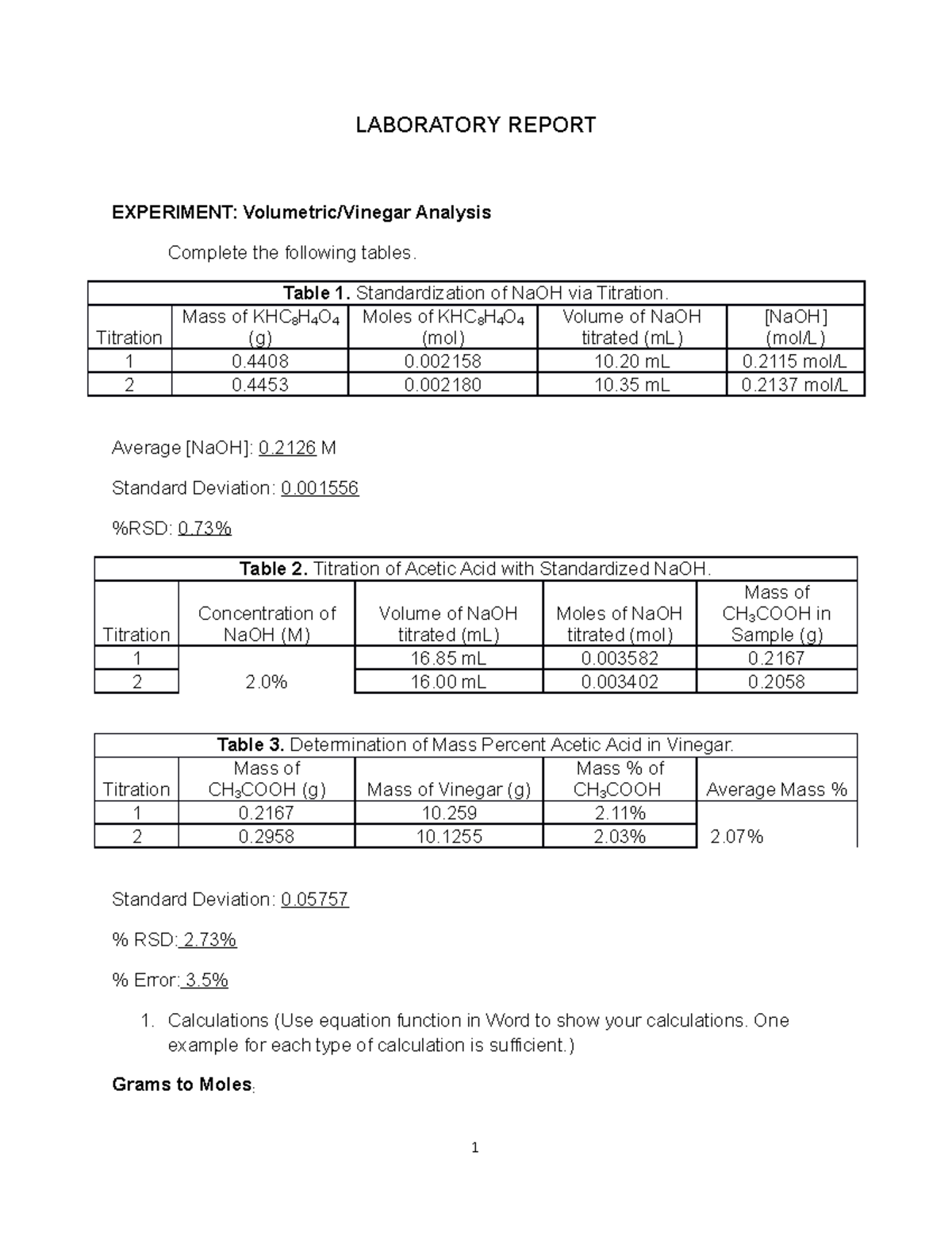 Titration Calculations LABORATORY REPORT EXPERIMENT Volumetric