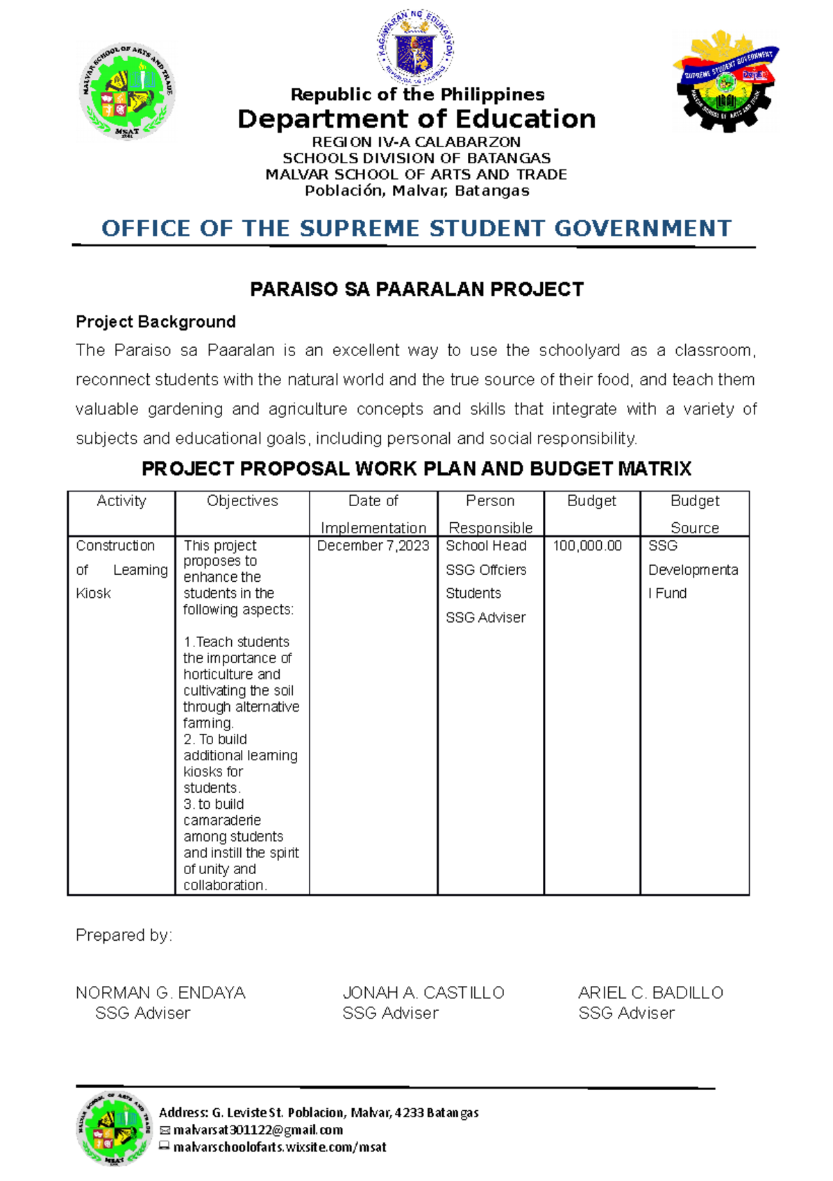 Ssg Proposal Matrix Republic of the Philippines Department of