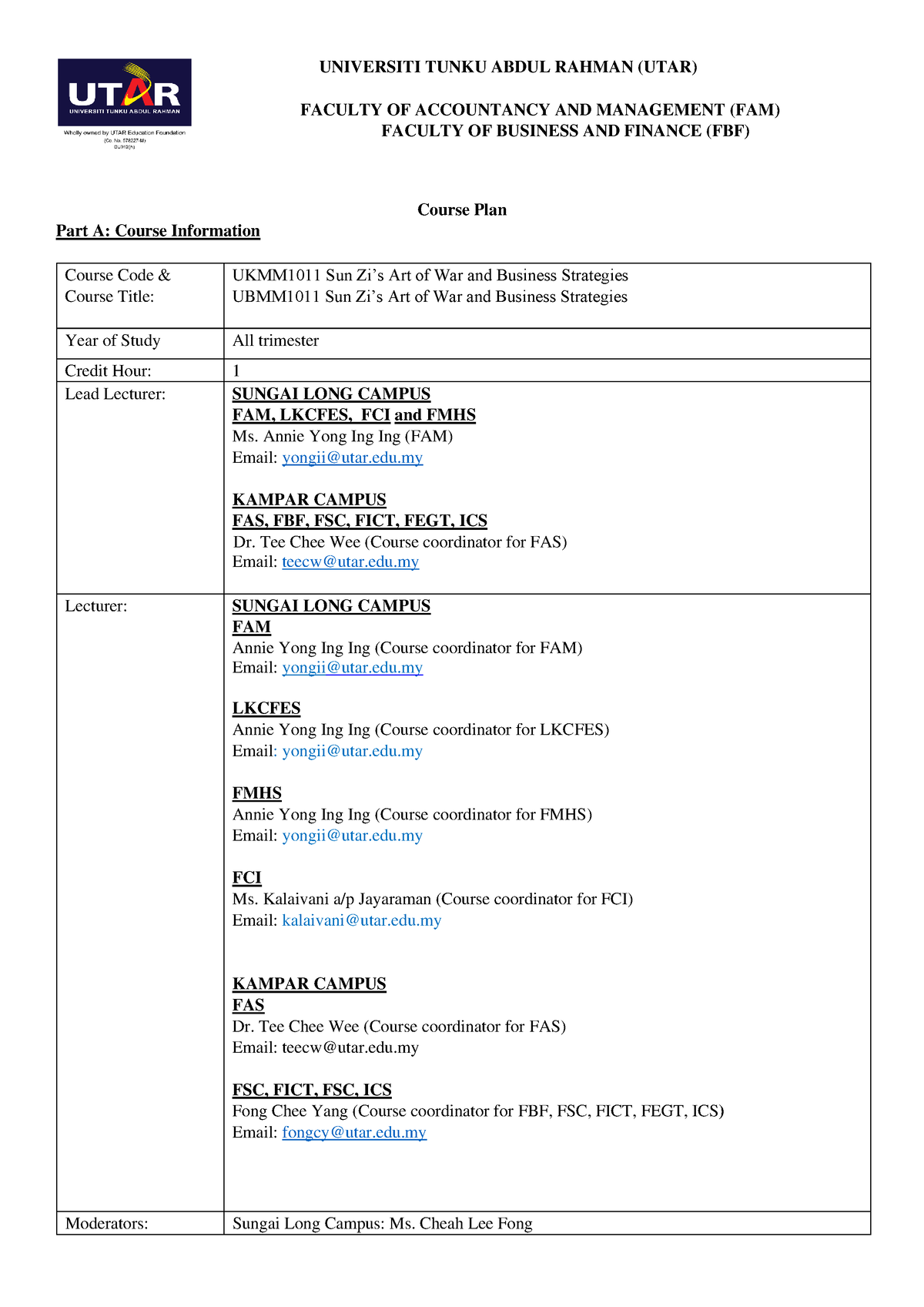 Course Plan UKMM1011 UBMM1011 DONE - UNIVERSITI TUNKU ABDUL RAHMAN ...