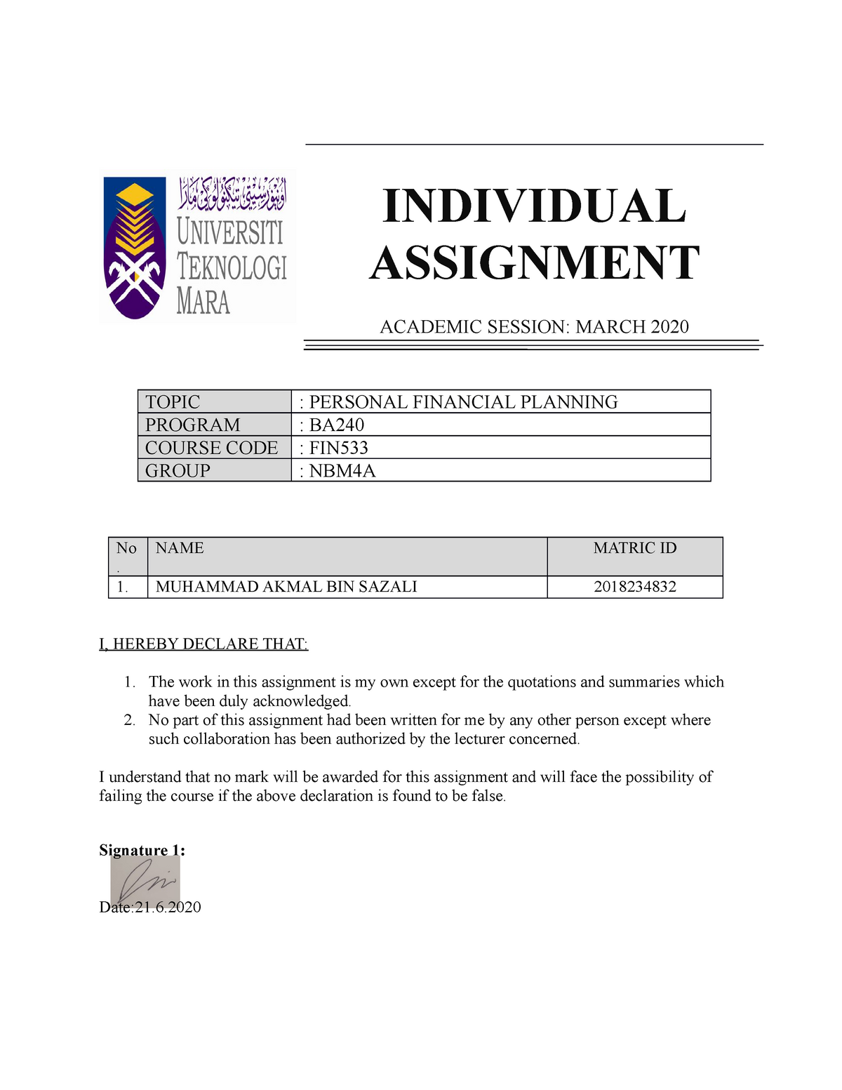 FIN533 Individual Assignment - Muhammad Akmal bin Sazali (2018 234832