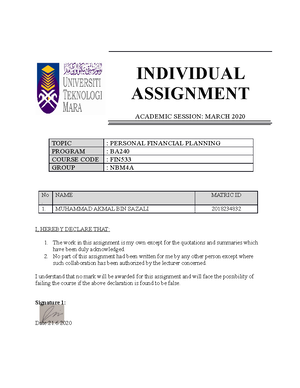 Exercise FIN533 - Past Year Question 2019 - EXERCISE FIN 533 (Personal ...