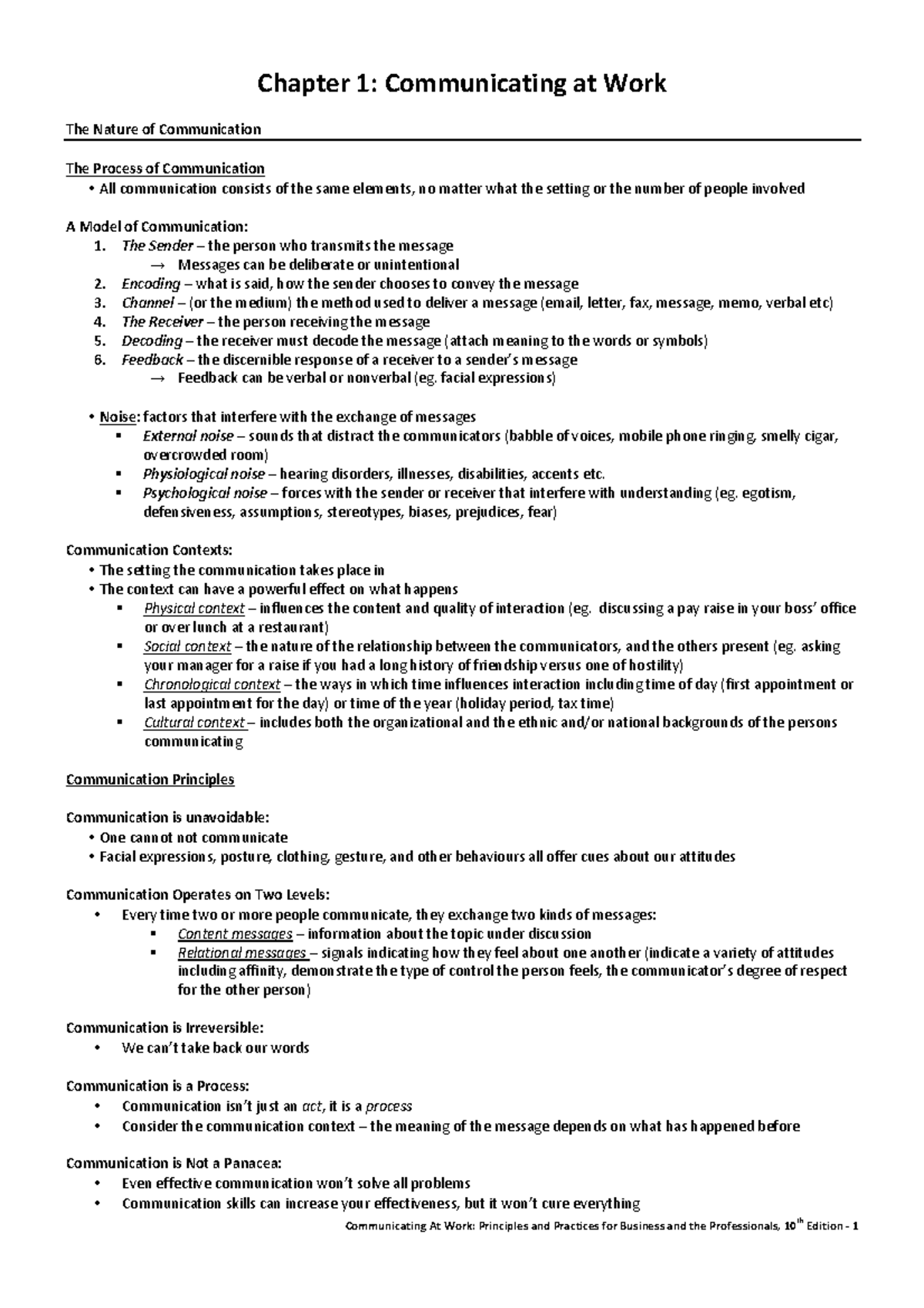 Summary Communicating at Work Communication chapters 15, lectures