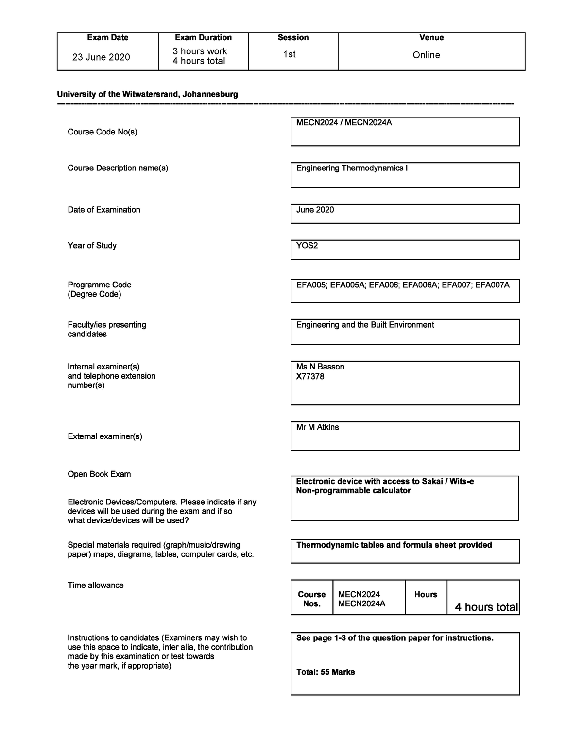 Mecn2024 Exam Equivalent Assessment 2020 - 23 June 2020 3 Hours Work 4 