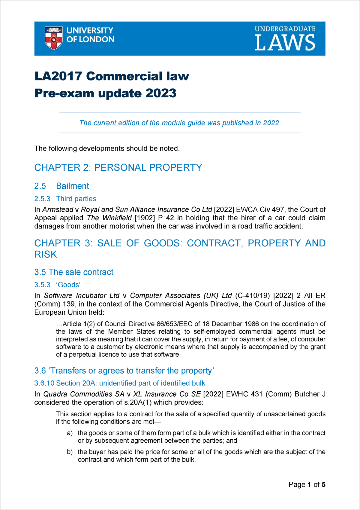 Commercial Peu23 - LA2017 Commercial Law Pre-exam Update 2023 The ...