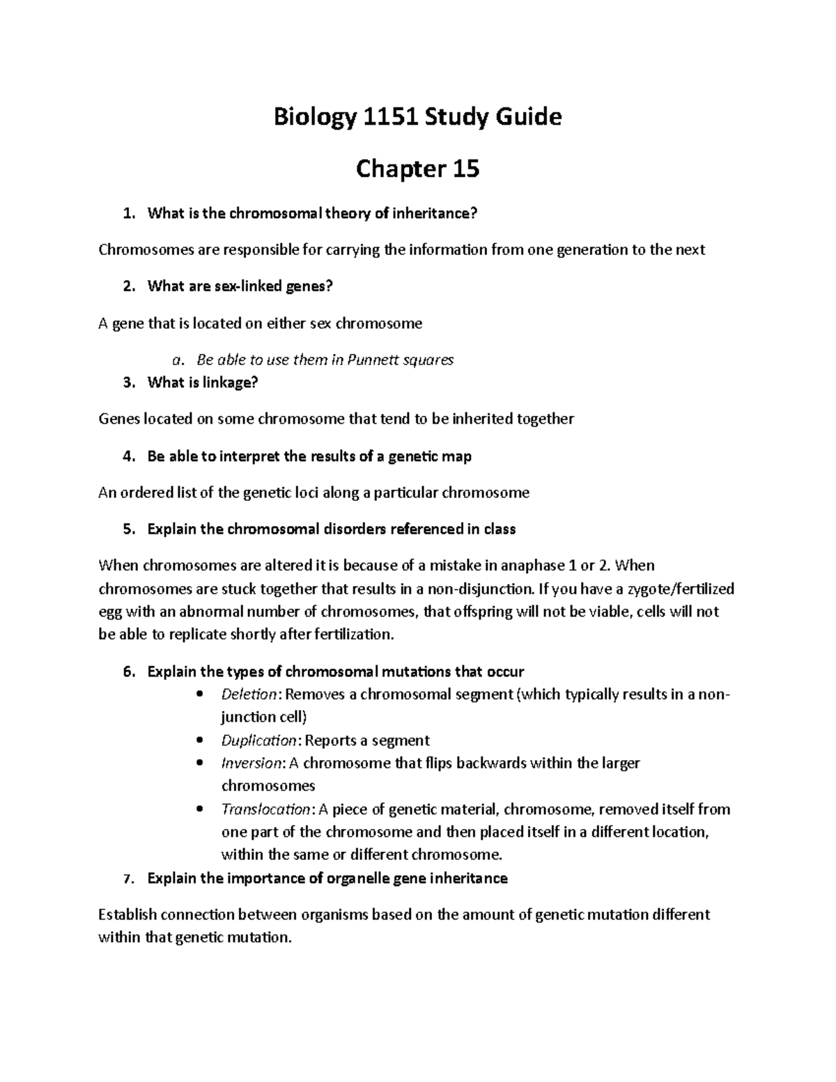 Chapter 15 Study Guide Copy - Biology 1151 Study Guide Chapter 15 1 ...