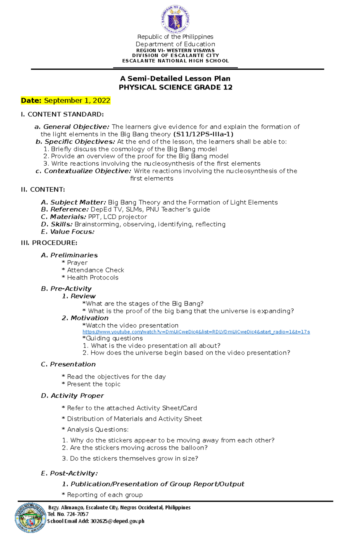 PHY SCI SEMI-LP 3 (9-1-22) - A Semi-Detailed Lesson Plan PHYSICAL ...