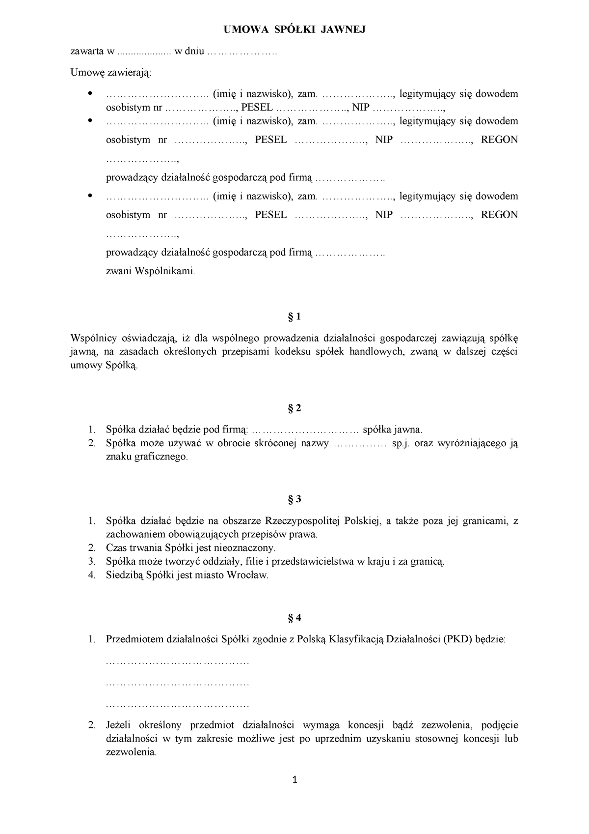 Umowa SpÓŁki Jawnej Opisane Zadanie Umowa SpÓŁki Jawnej Zawarta W W 3775