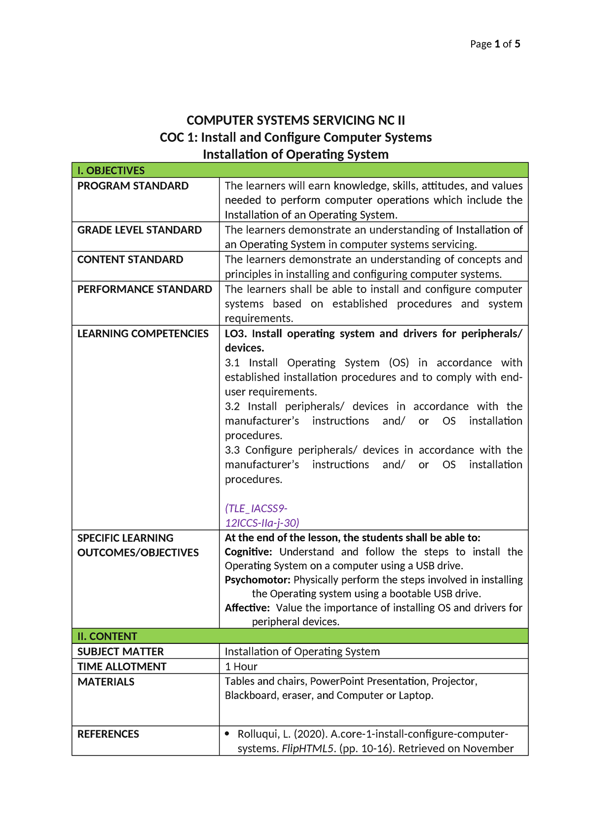 LP 1- installation of o S - COMPUTER SYSTEMS SERVICING NC II COC 1 ...