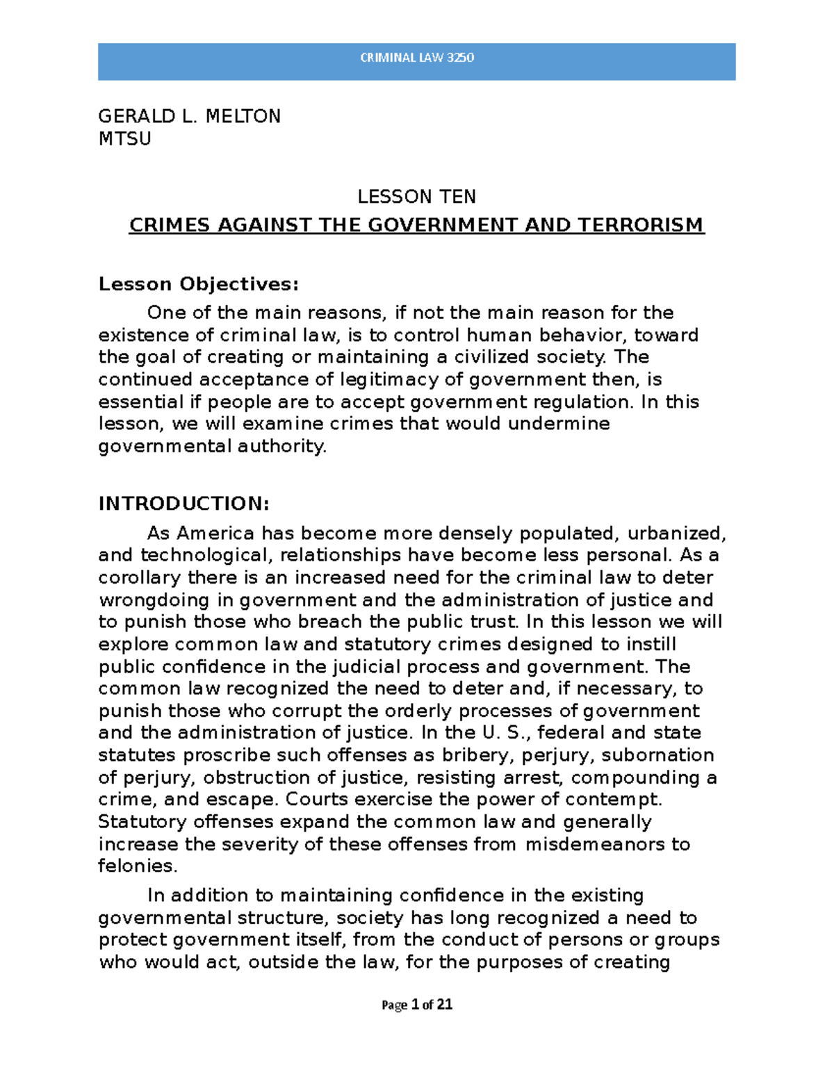 Lesson TEN Crimes Against the Government and Terrorism - GERALD L ...